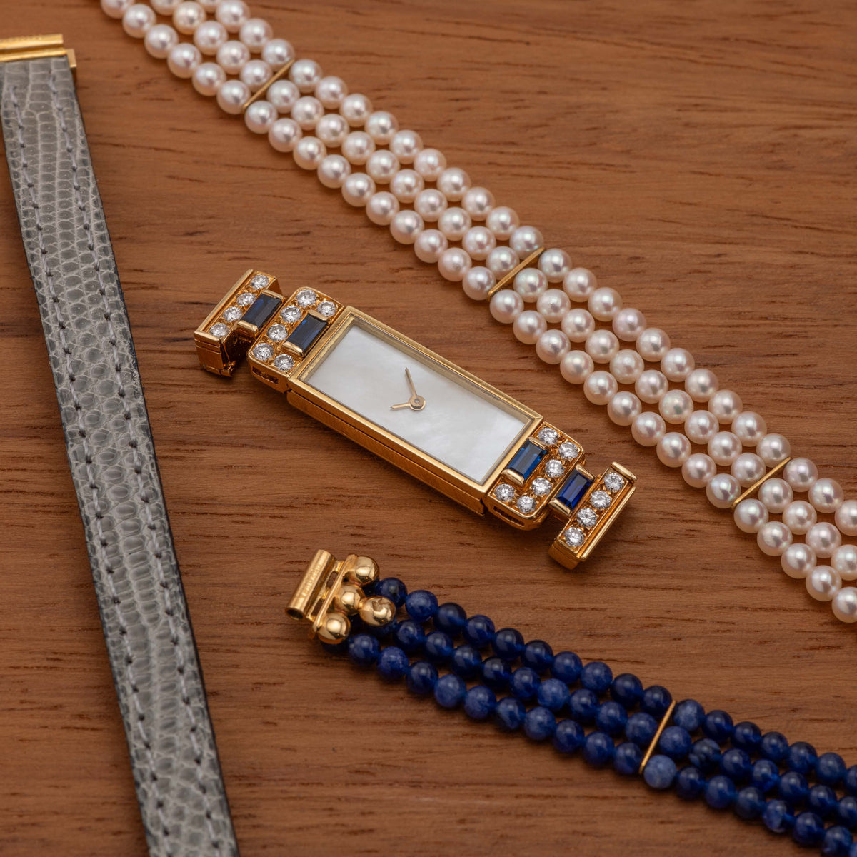 1980's Van Cleef Arpels 18K Mother of Pearl Ref. VC750 (with Pearl & Lapis Bracelet and Leather Strap)
