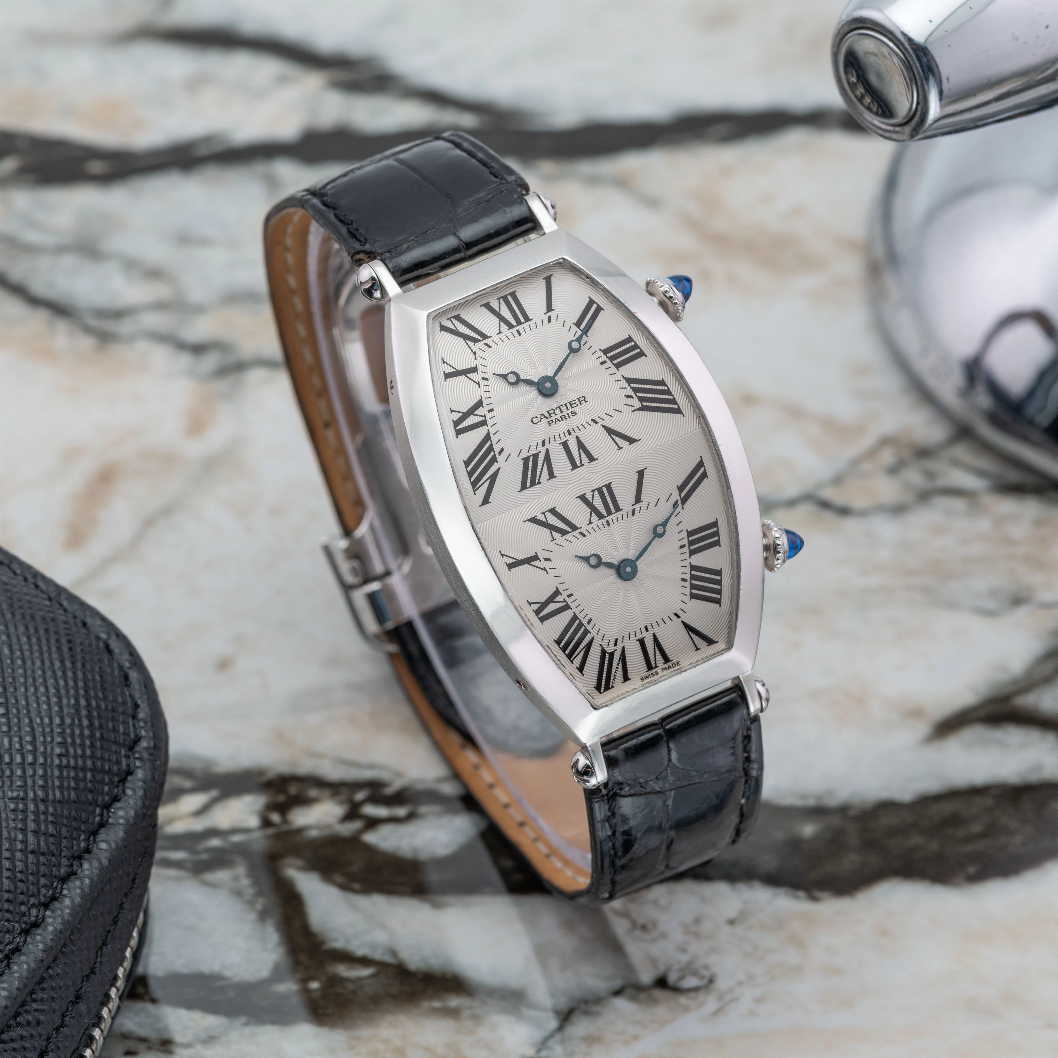 2000's Cartier Tonneau Dual Time CPCP 18k White Gold Ref. 2806H