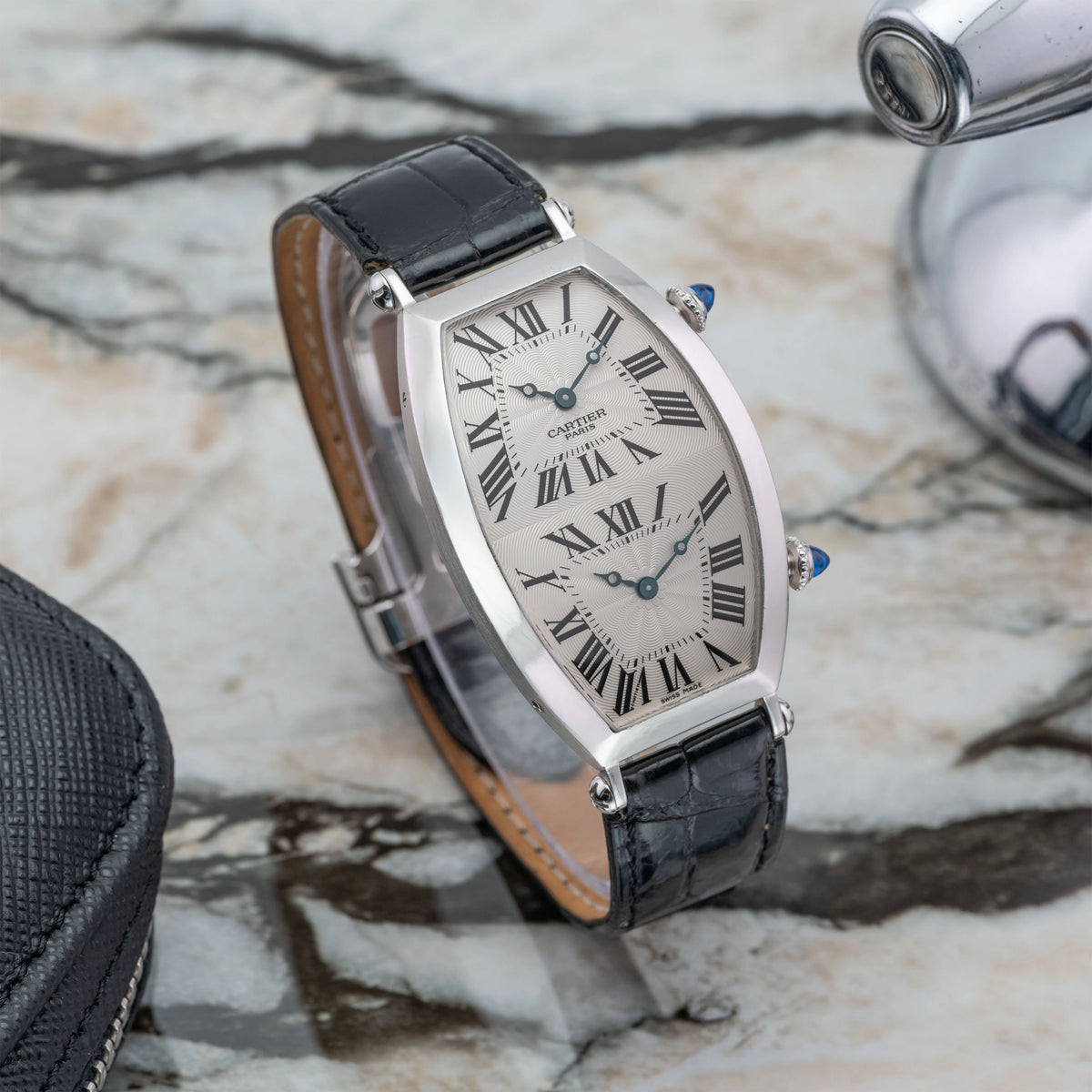 2000's Cartier Tonneau Dual Time CPCP 18k White Gold Ref. 2806H