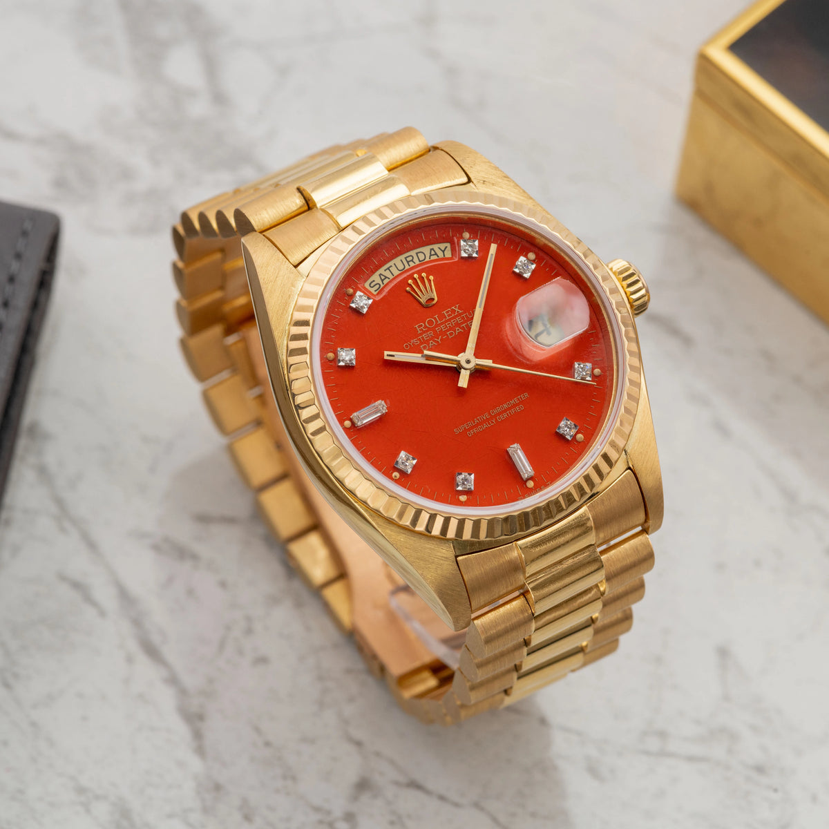 1987 Rolex Day Date Red Stella Diamond Dial Ref. 18038 (with Papers)