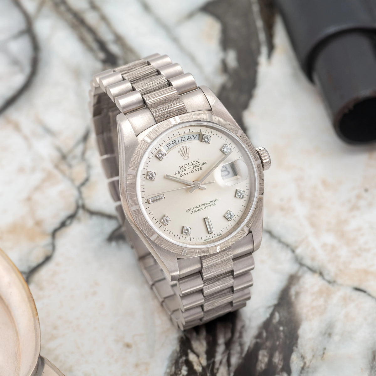 1999 Rolex Day Date White Gold Bark Finish Ref. 18249