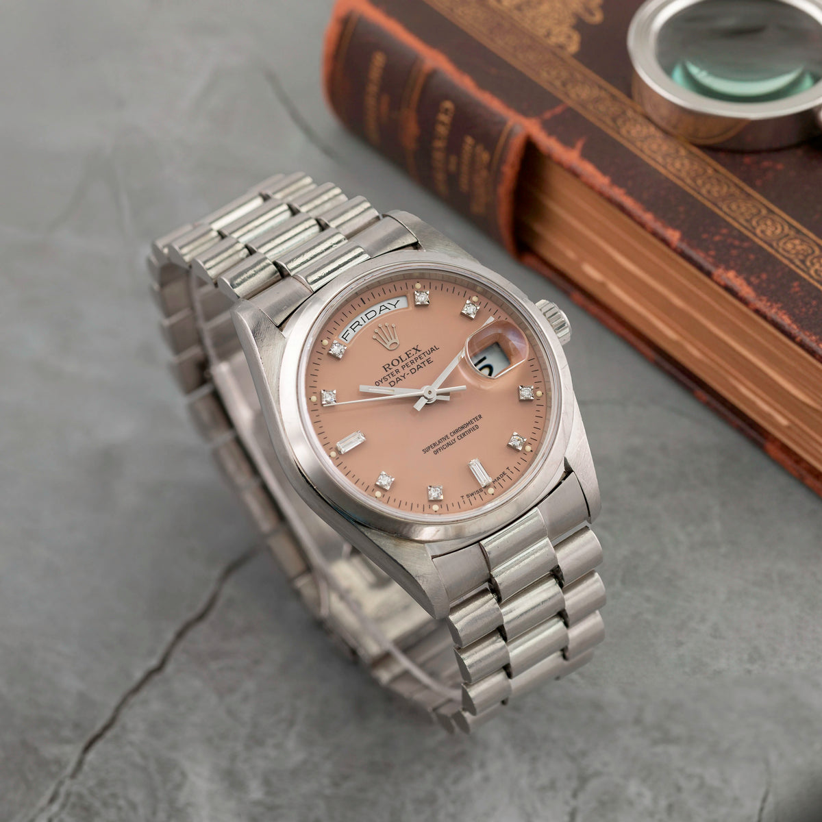 1991 Rolex Day Date Platinum Lilac Stella Diamond Dial Ref. 18206 (with Papers)