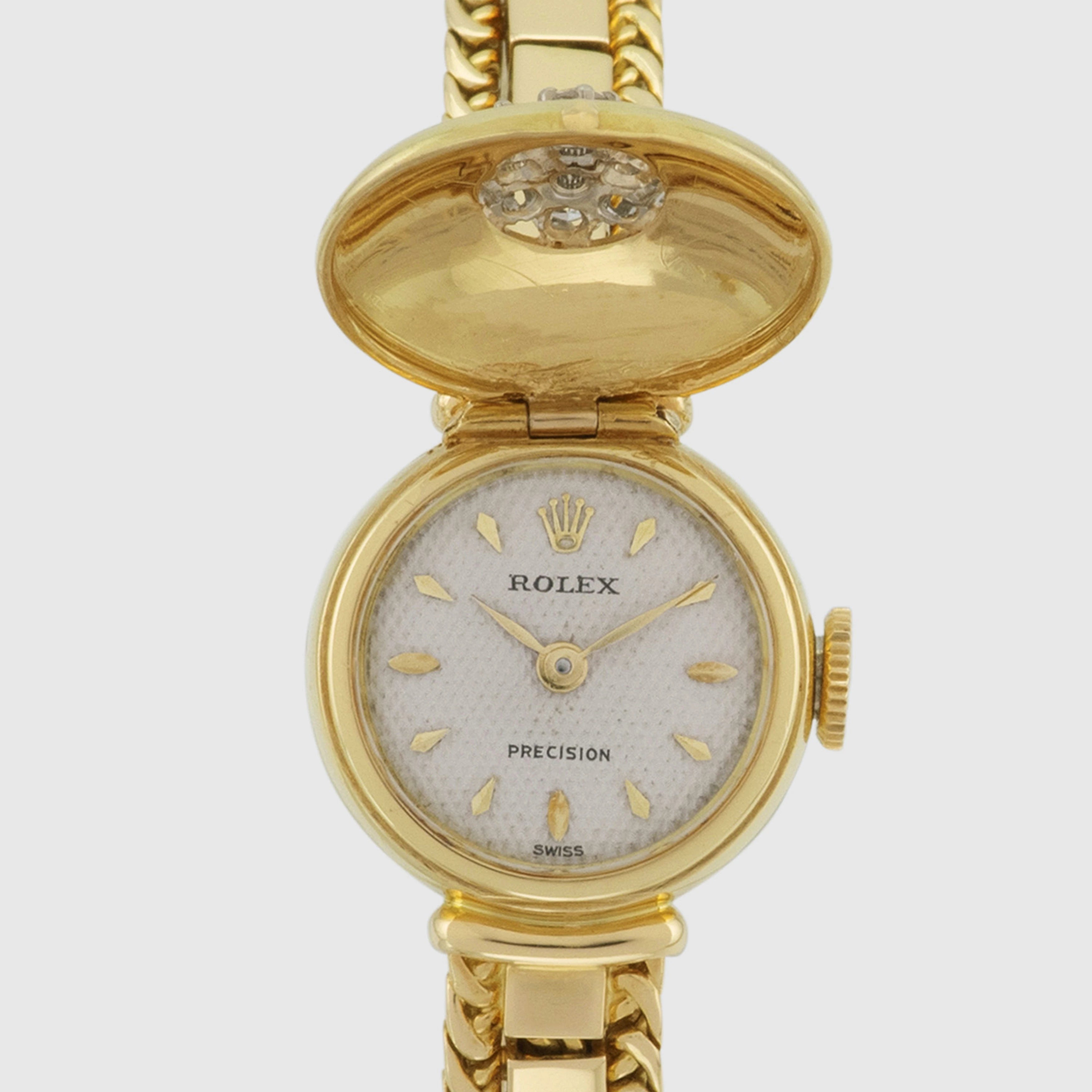 1950's Rolex Precision Ladies Clamshell Yellow Gold with Diamonds