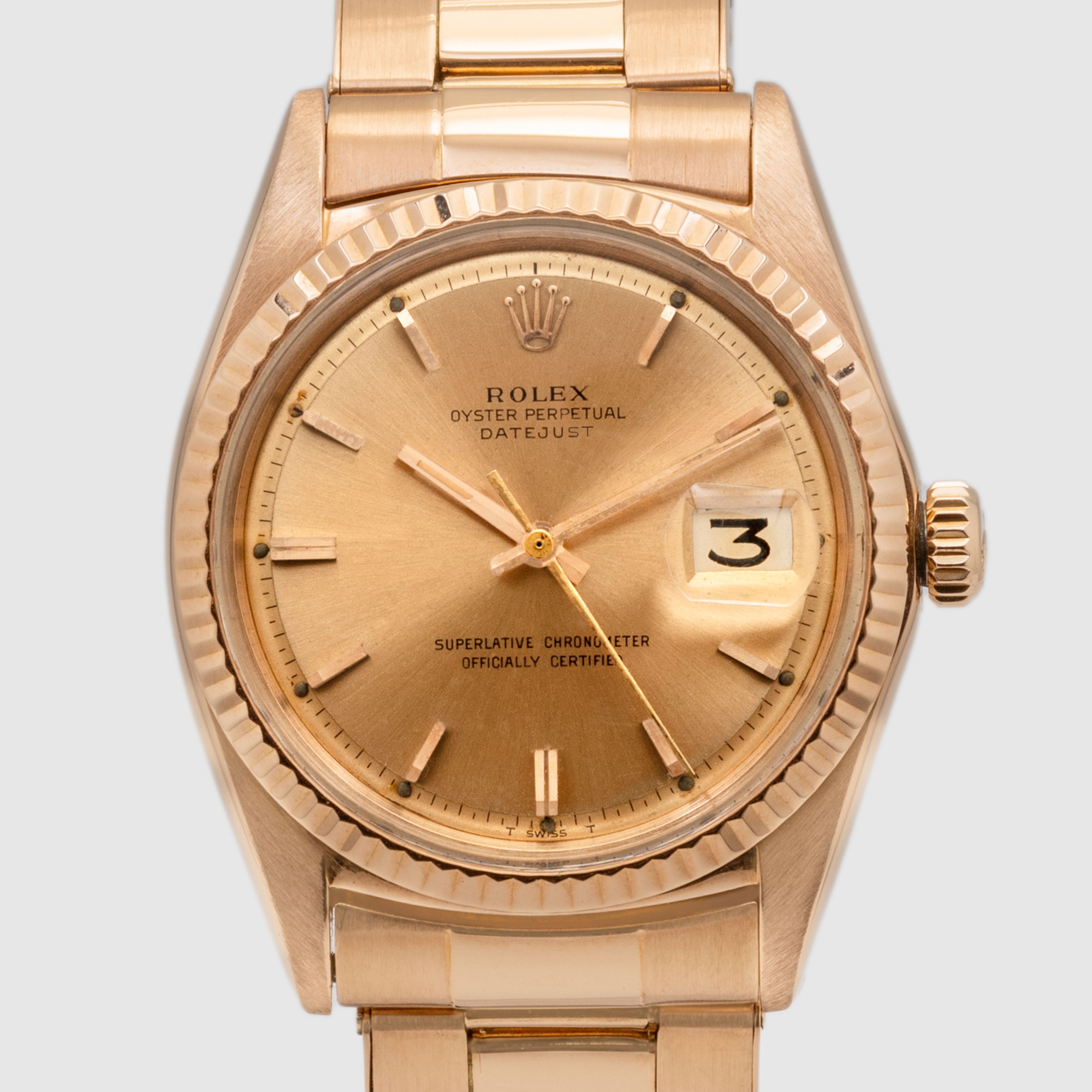 1972 Rolex Datejust Pink Gold on Pink with Rivited Oyster Bracelet Ref. 1601