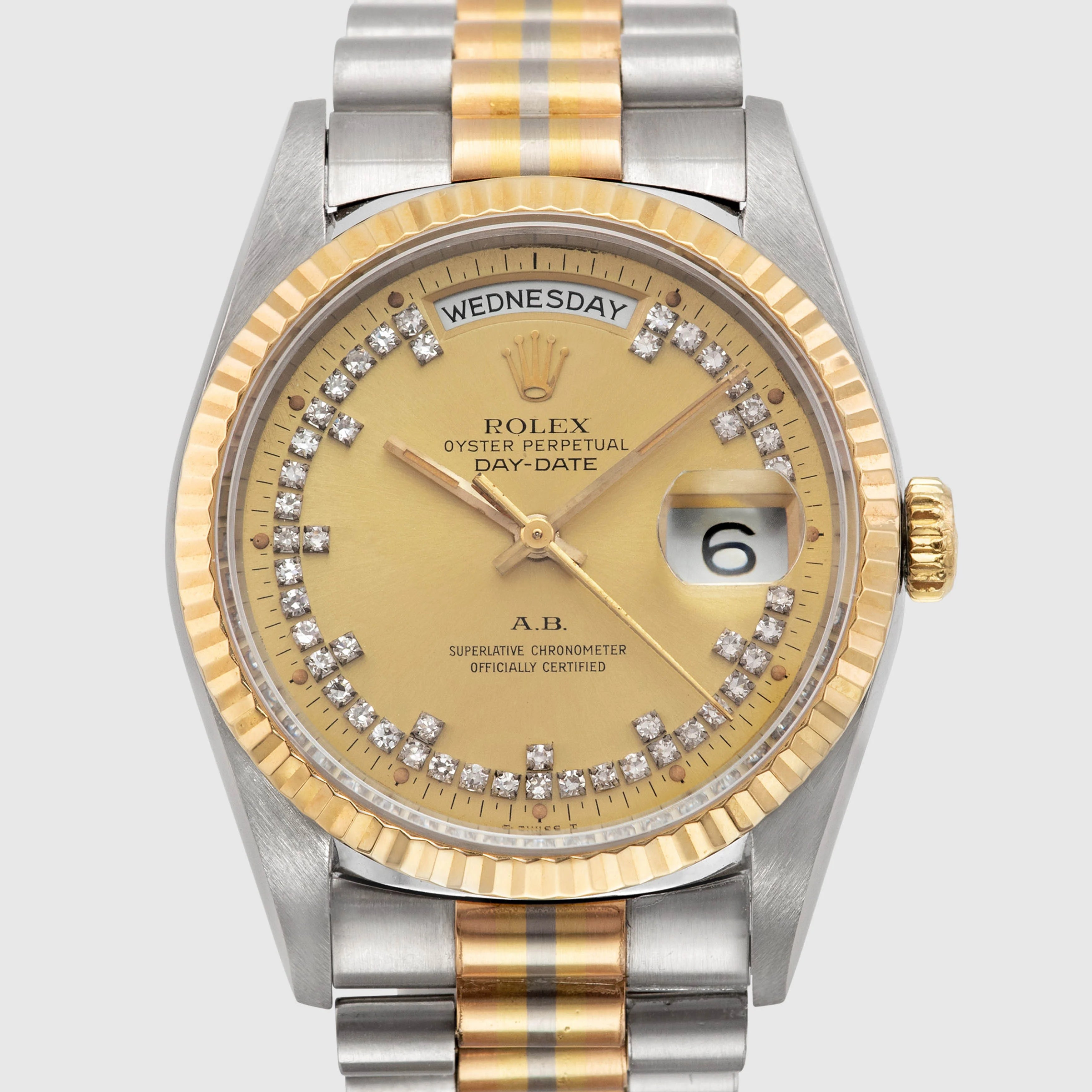 1990 Rolex Day Date Tridor Diamond String Dial 'AB' Ref. 18239B (with Warranty Certificate)