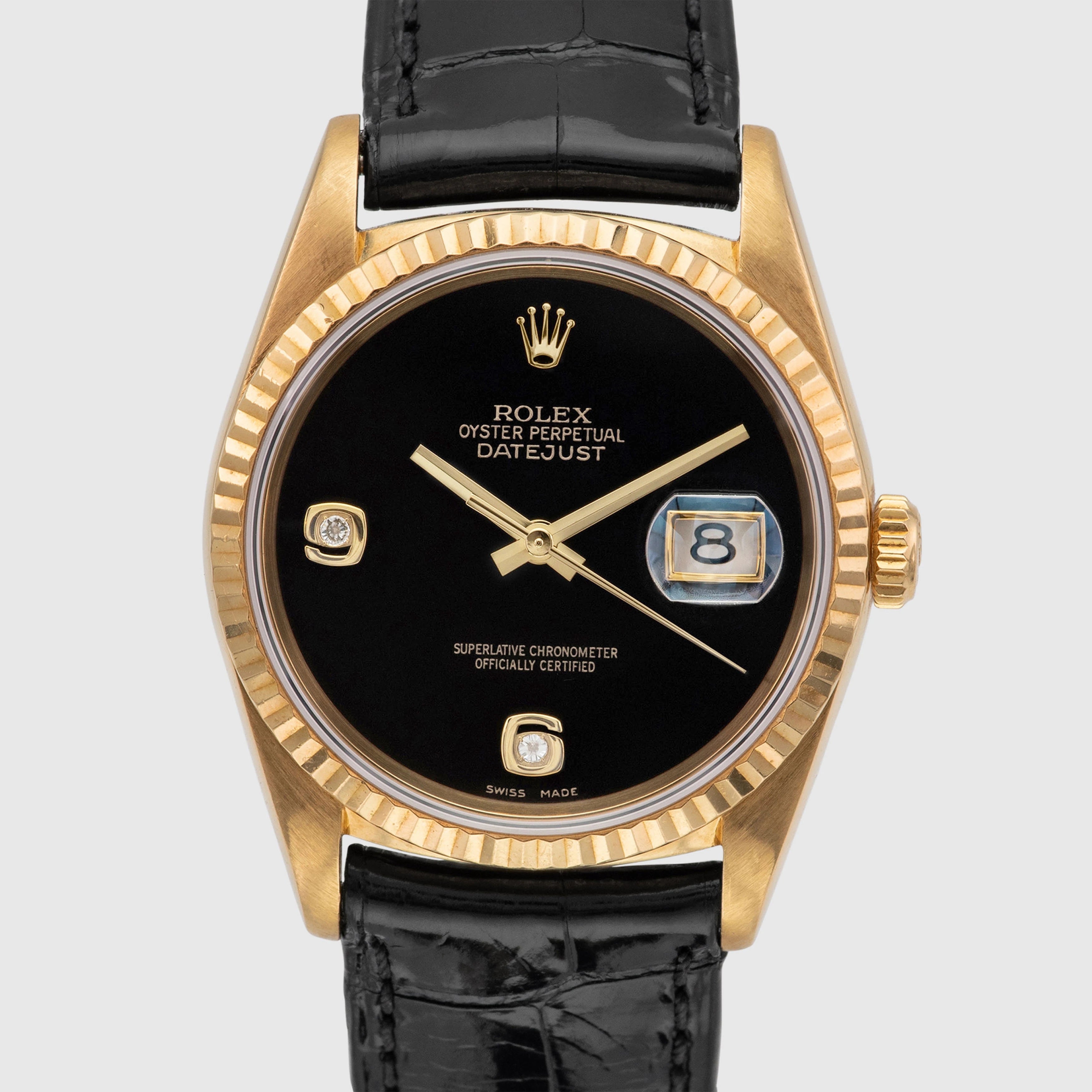 1990 Rolex Datejust 18k Yellow Gold Onyx with Diamonds Dial Ref. 16238