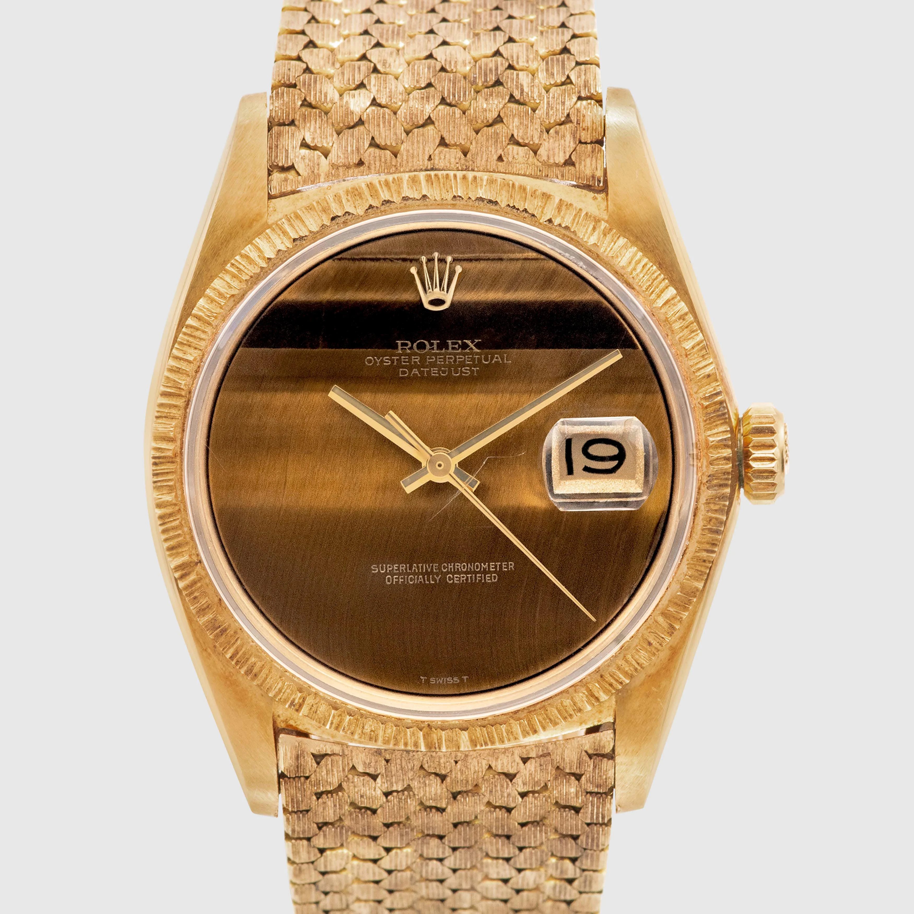 1972 Rolex Datejust 18K Yellow Gold Tiger Eye Dial Bark Finish with Special Bracelet Ref. 1607