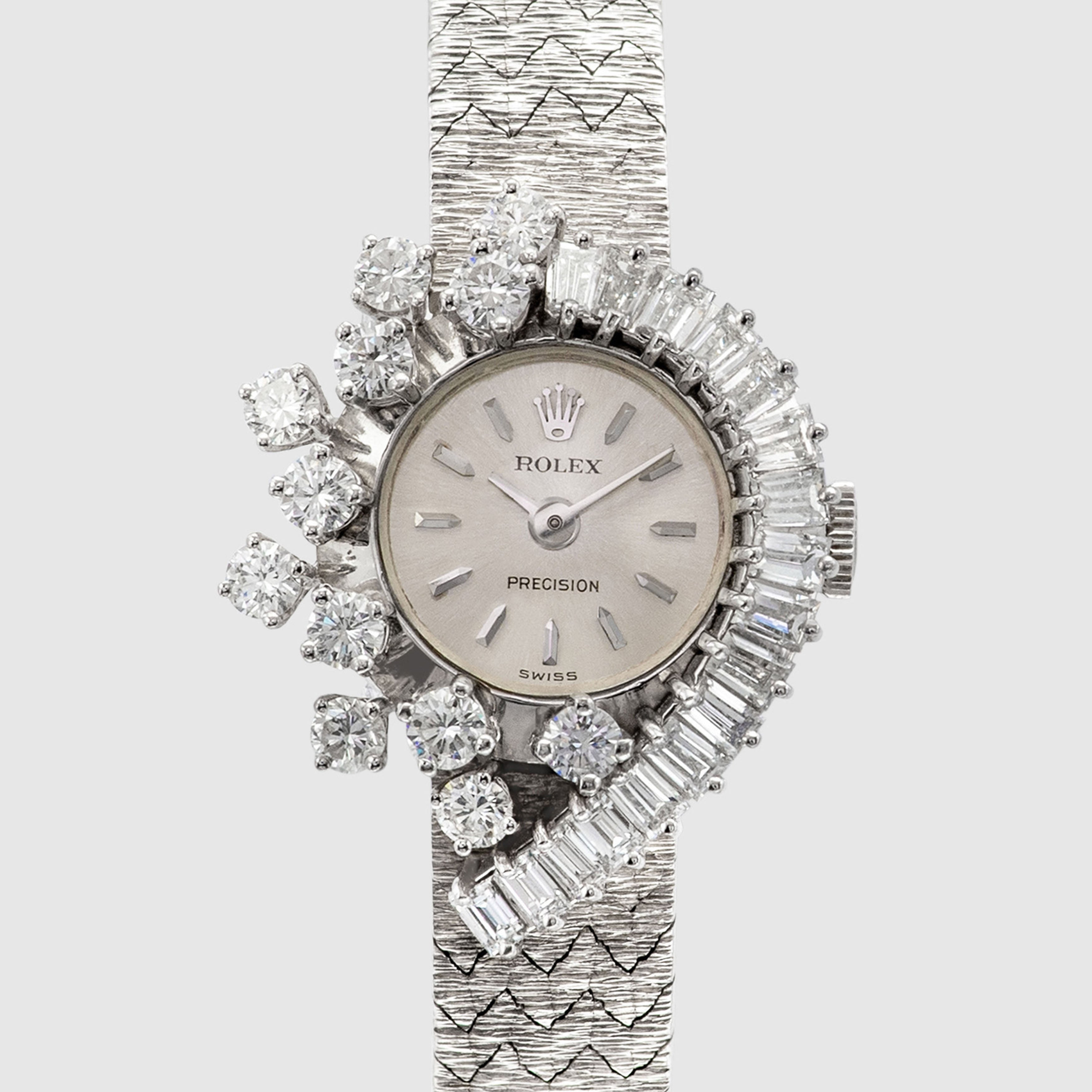 1960's Rolex Precision 18K White Gold Silver Dial Diamonds & Baguettes