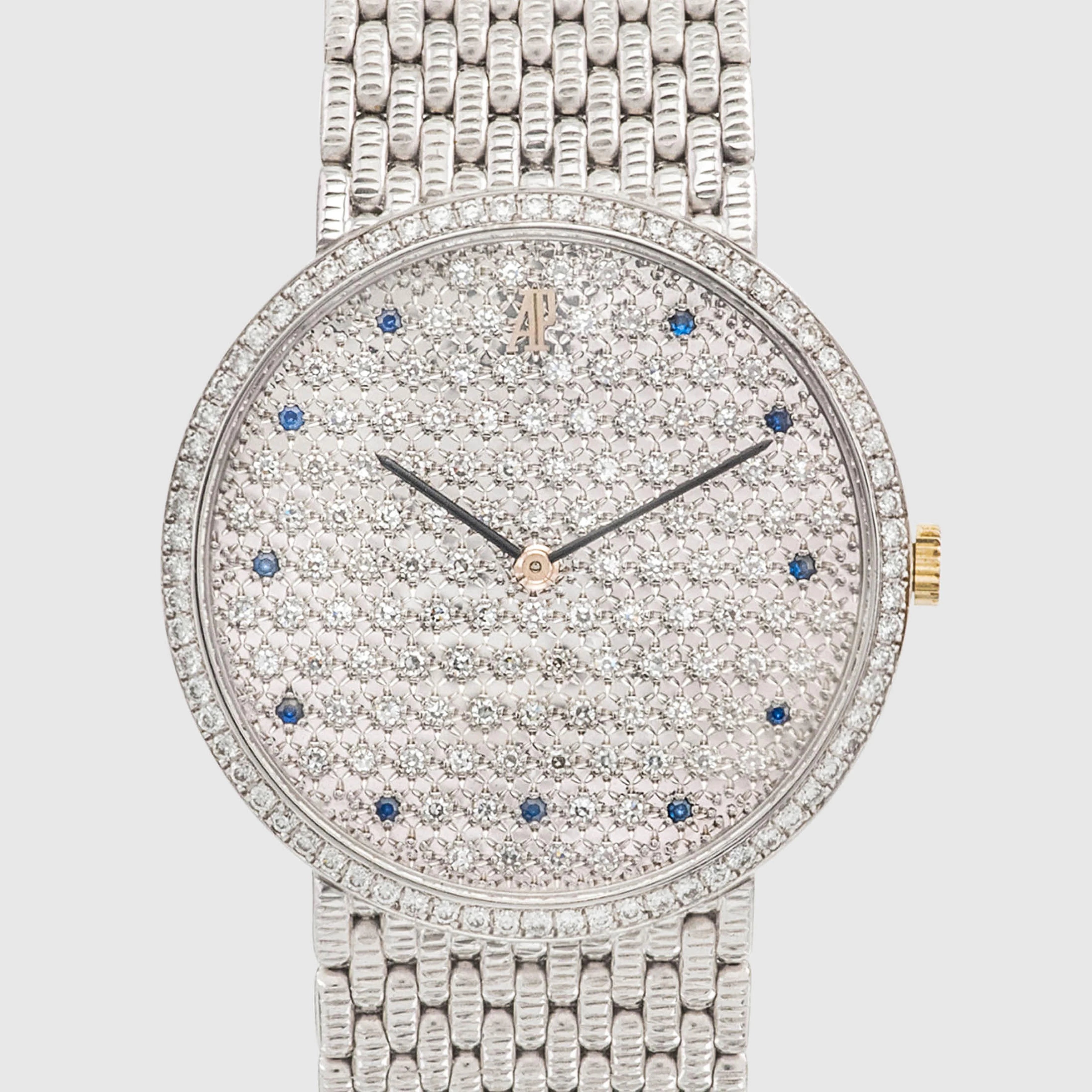 1970's Audemars Piguet Classic White Gold Factory Pavee & Sapphire Ref. 14549BC