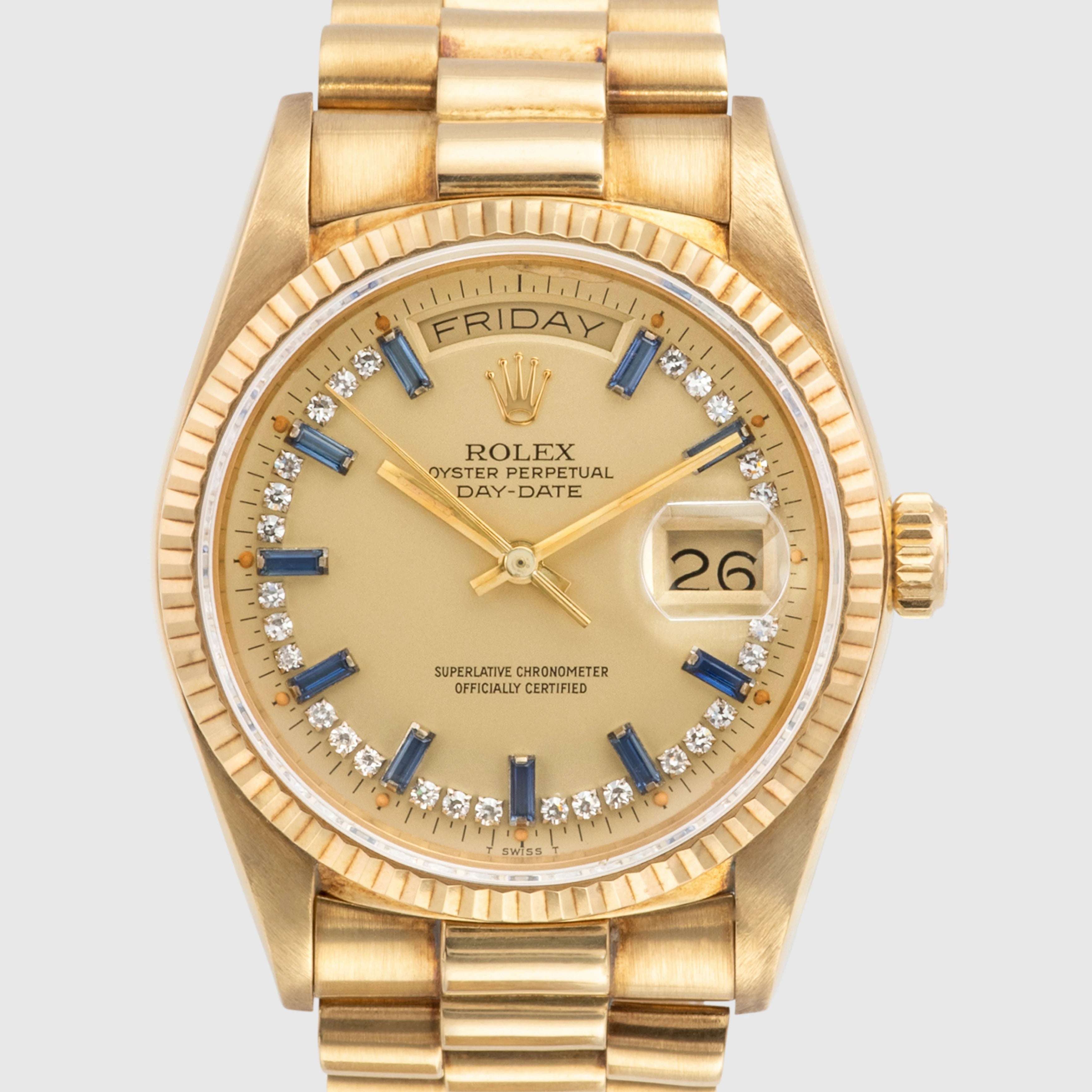 1987 Rolex Day Date Diamond String Sapphire Baguette Dial Ref. 18038