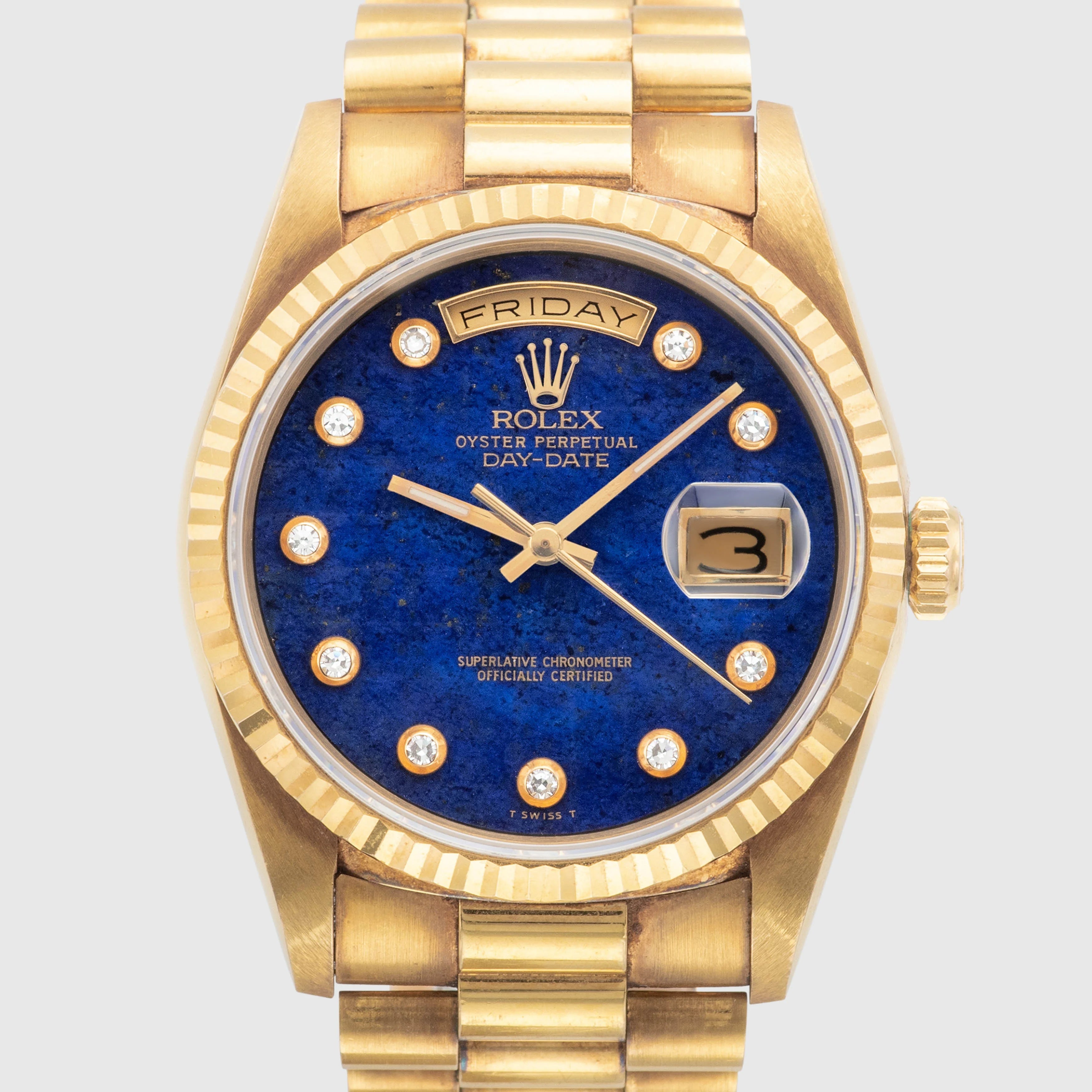 1989 Rolex Day Date Pyramid Lapis with Pinball Diamond Dial Ref. 18238 (with Papers & Hang Tag)