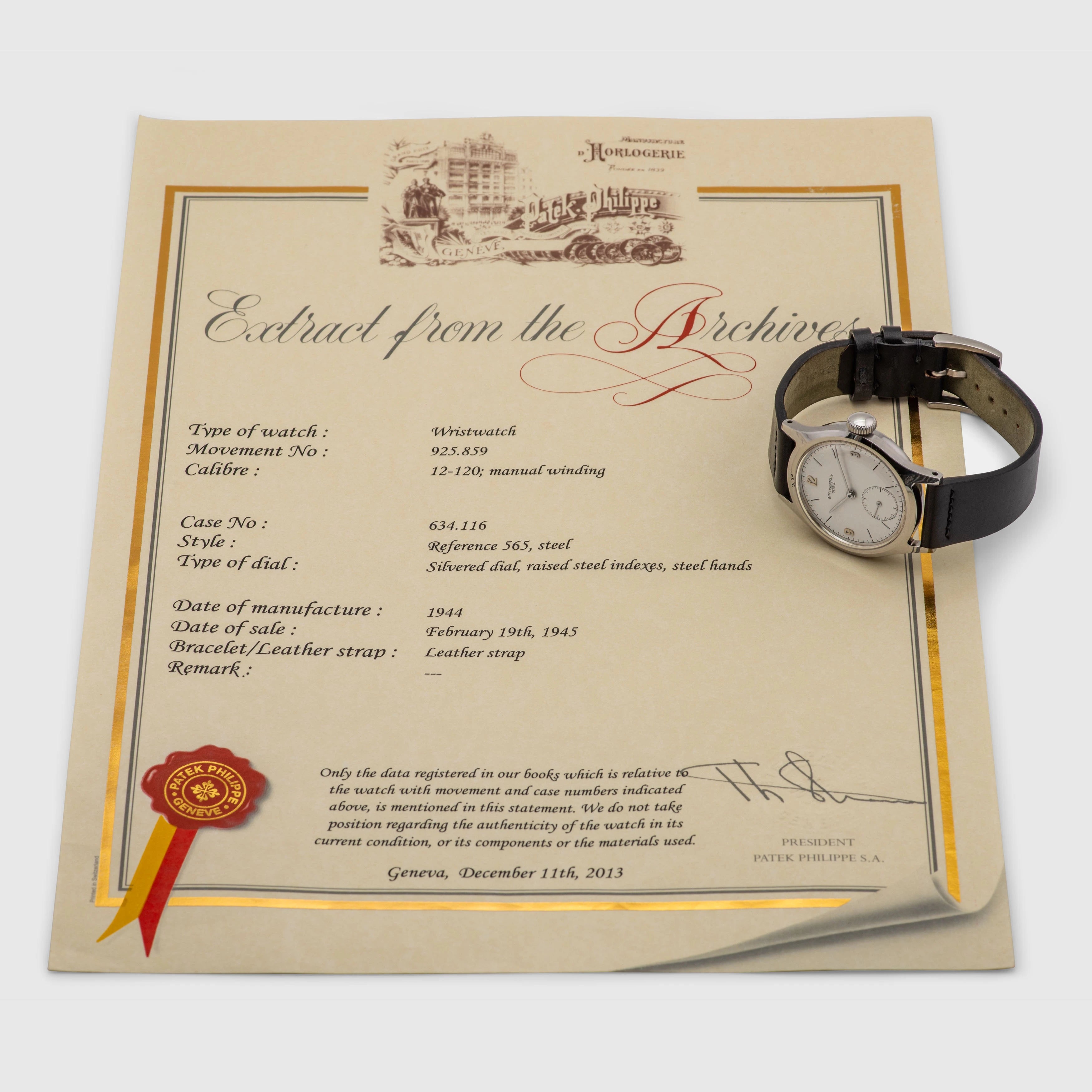 1944 Patek Philippe Calatrava Ref. 565 (Extract from Archives)