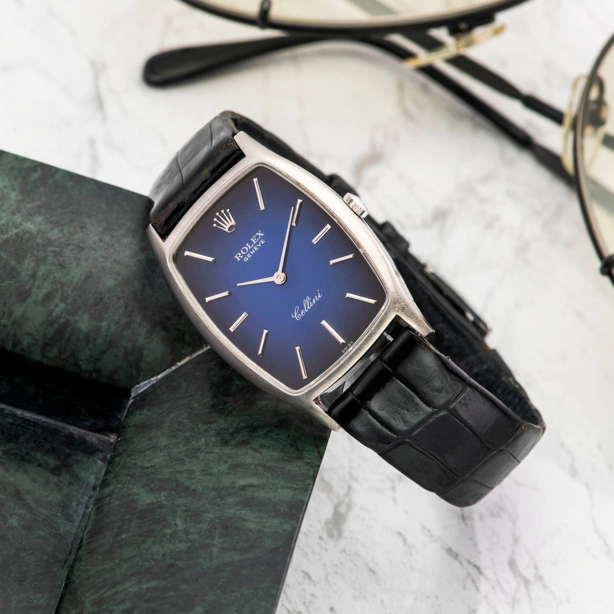 1974 Rolex Cellini Blue Vignette Dial White Gold Ref. 3807 (with Papers)