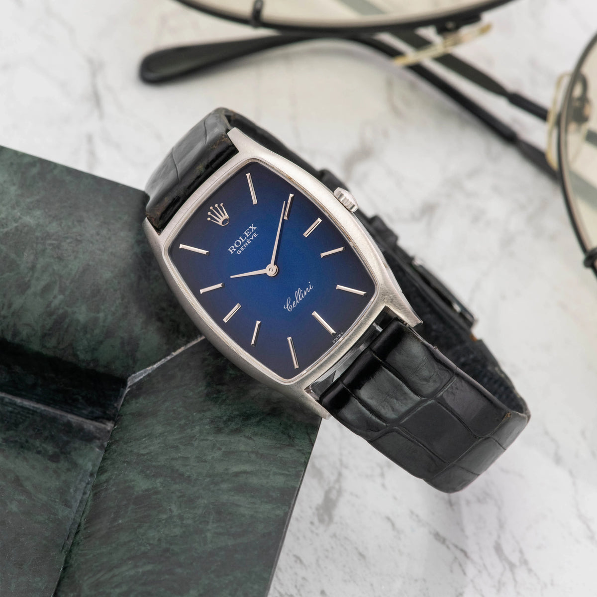 1974 Rolex Cellini Blue Vignette Dial White Gold Ref. 3807 (with Papers)