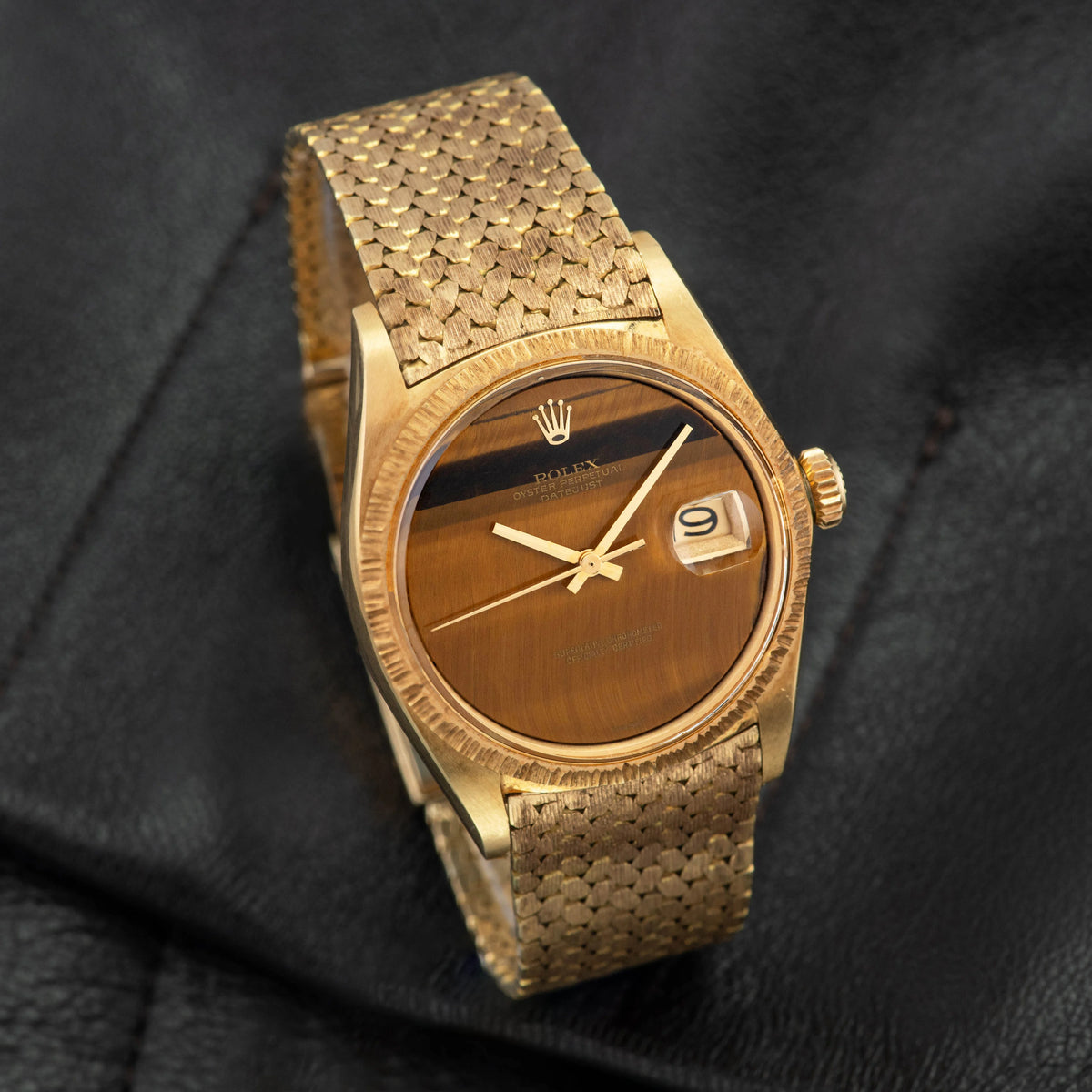 1972 Rolex Datejust 18K Yellow Gold Tiger Eye Dial Bark Finish with Special Bracelet Ref. 1607