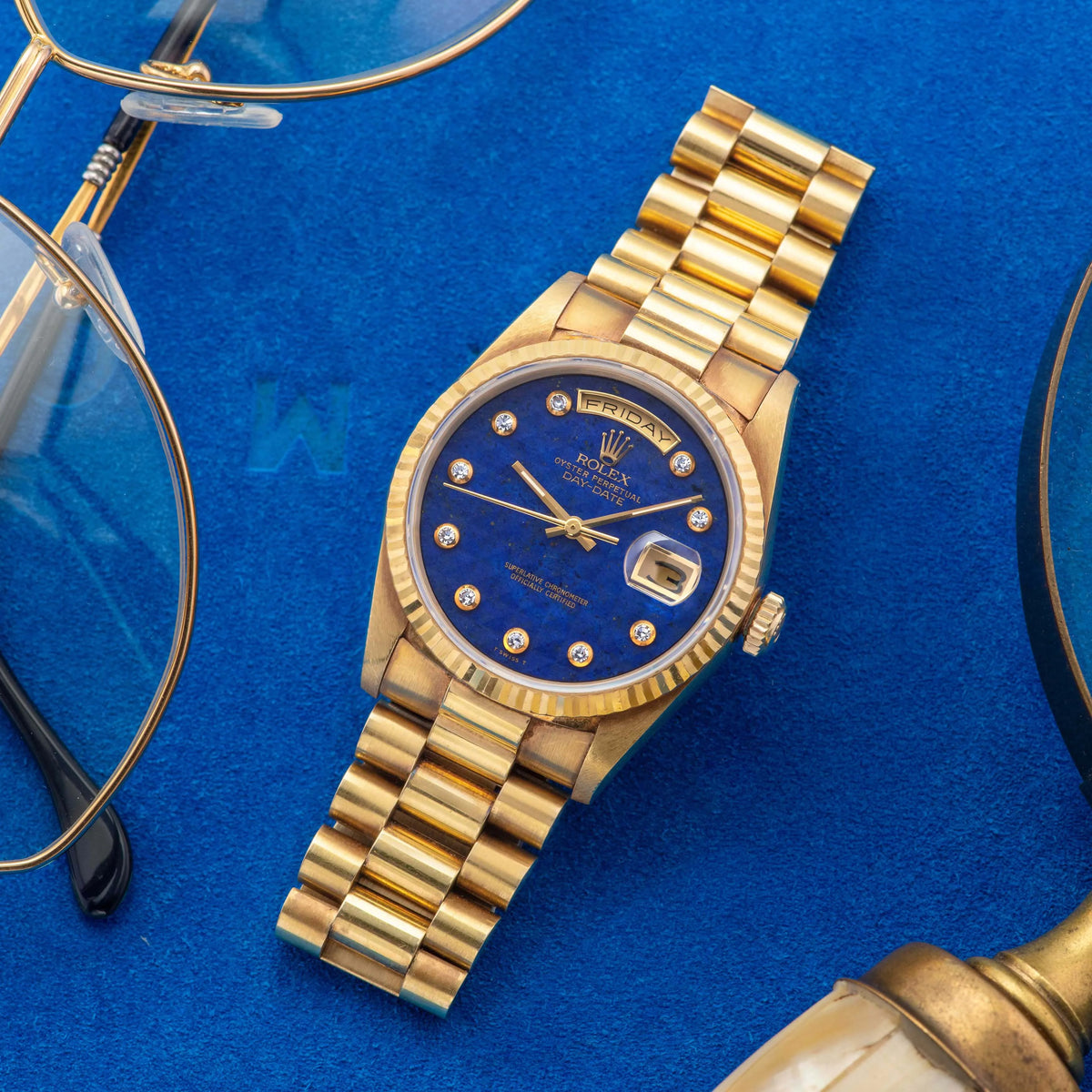 1989 Rolex Day Date Pyramid Lapis with Pinball Diamond Dial Ref. 18238 (with Papers & Hang Tag)