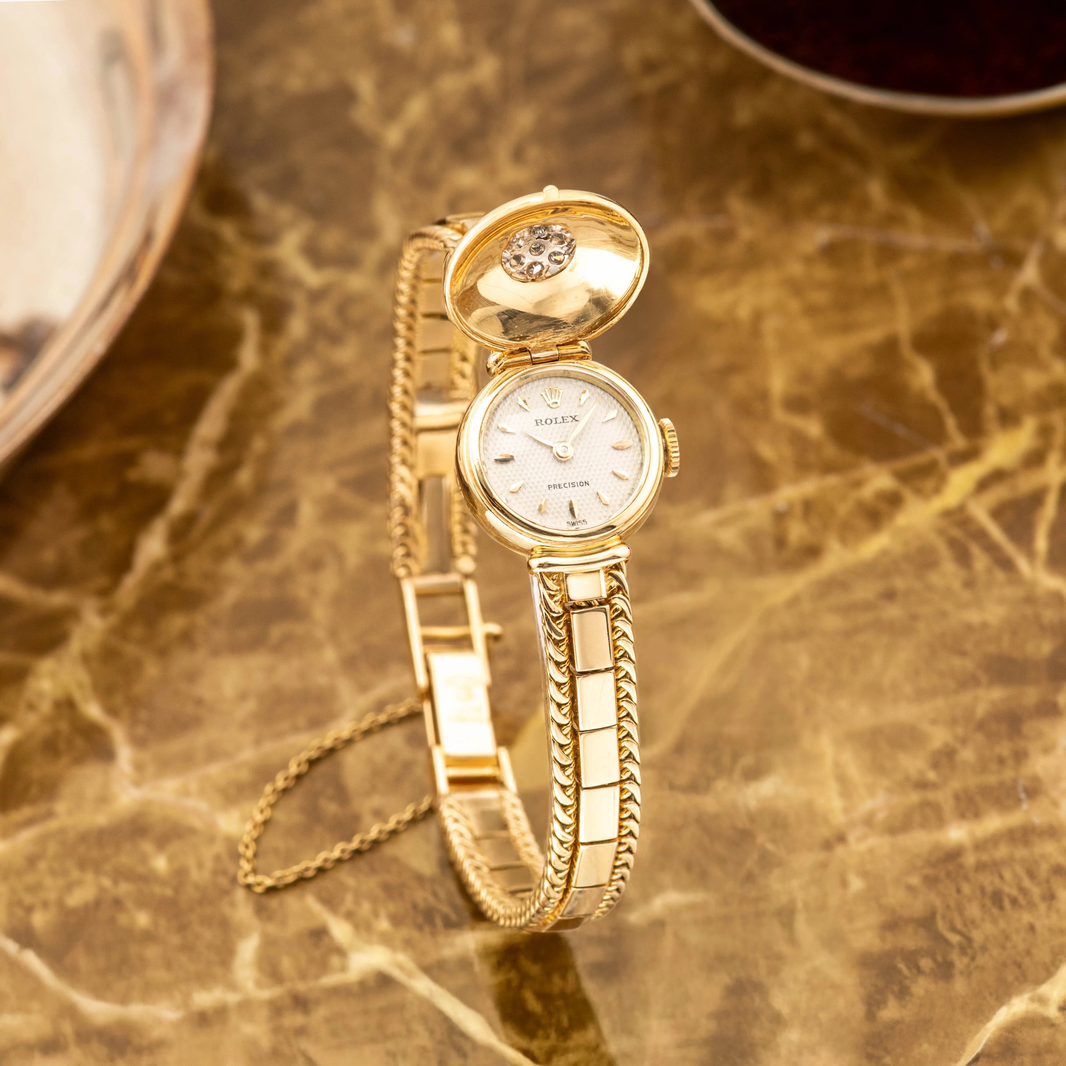 1950's Rolex Precision Ladies Clamshell Yellow Gold with Diamonds