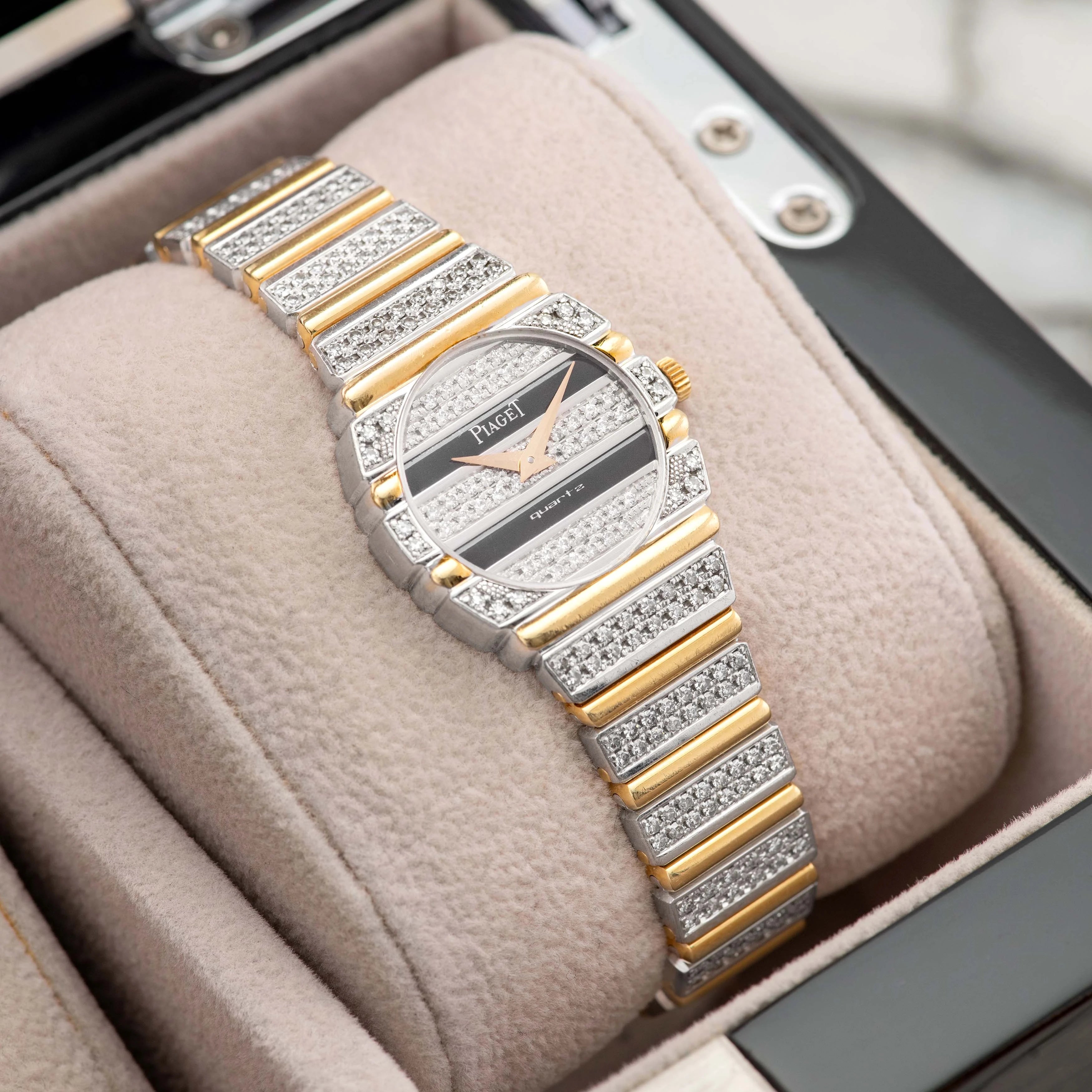 1980's Piaget Polo Lady Onyx & Diamonds Gadroon Ref. 861 C725