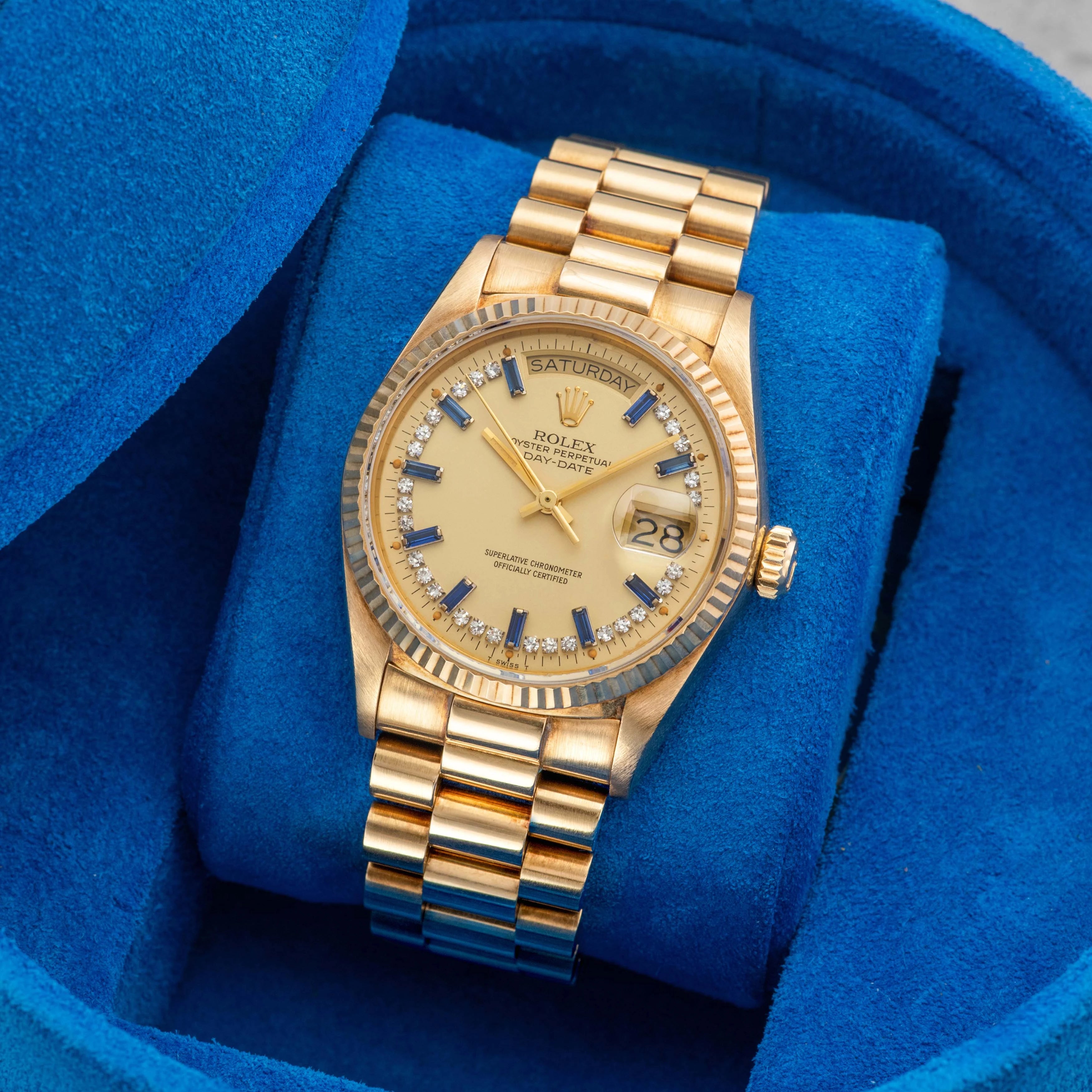 1987 Rolex Day Date Diamond String Sapphire Baguette Dial Ref. 18038