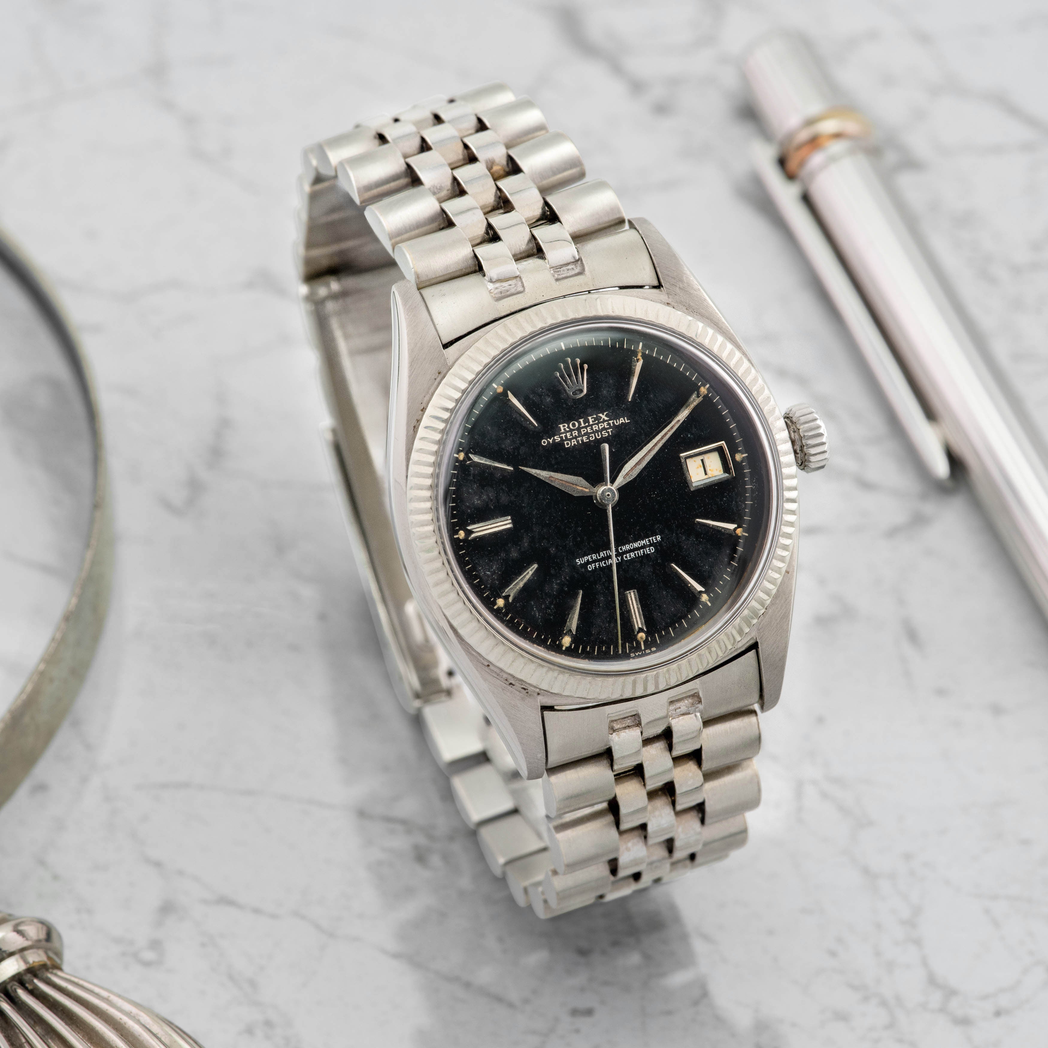 1957 Rolex Datejust White Gold Gilt Dial Rare Big Logo Jubilee Bracelet Ref. 6605