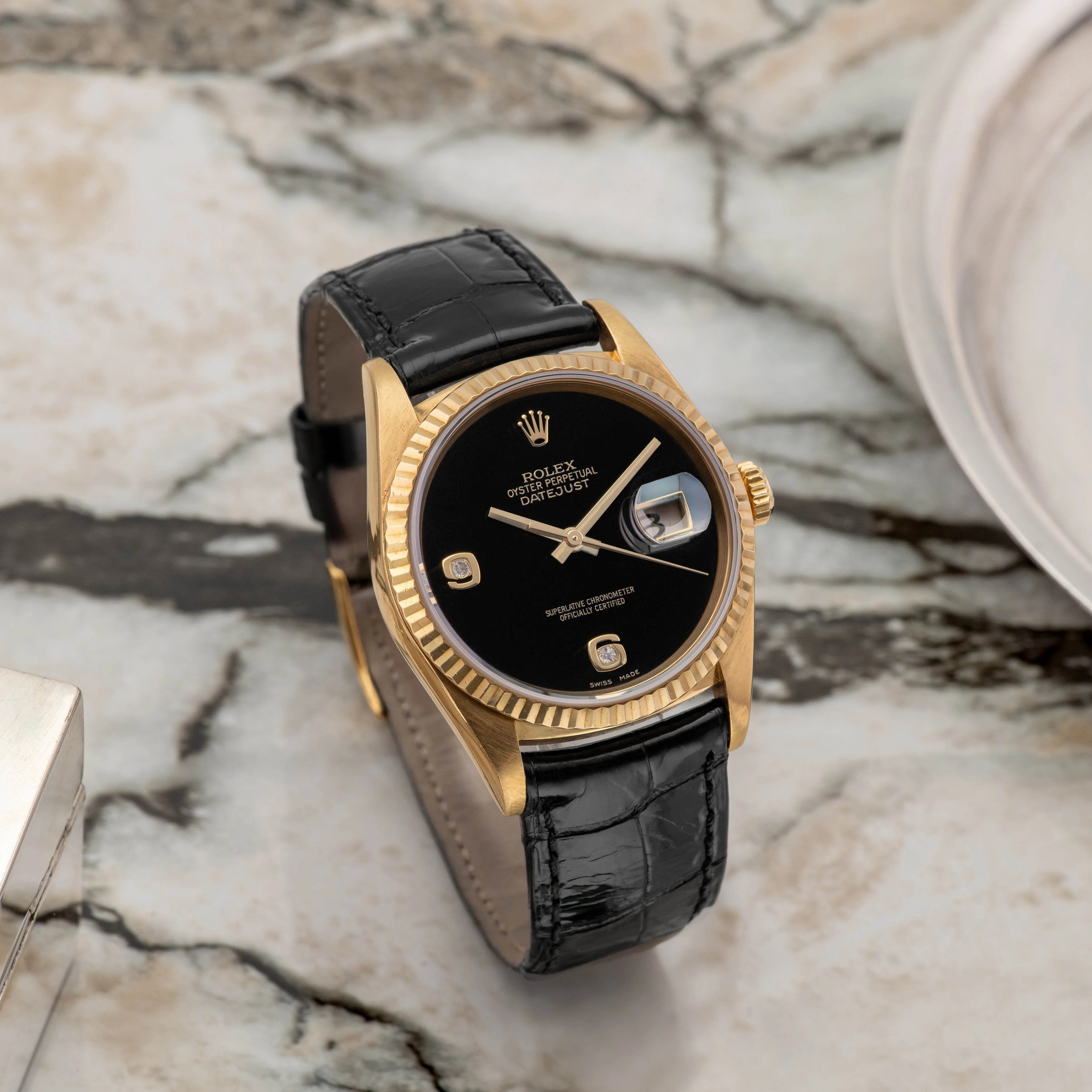 1990 Rolex Datejust 18k Yellow Gold Onyx with Diamonds Dial Ref. 16238