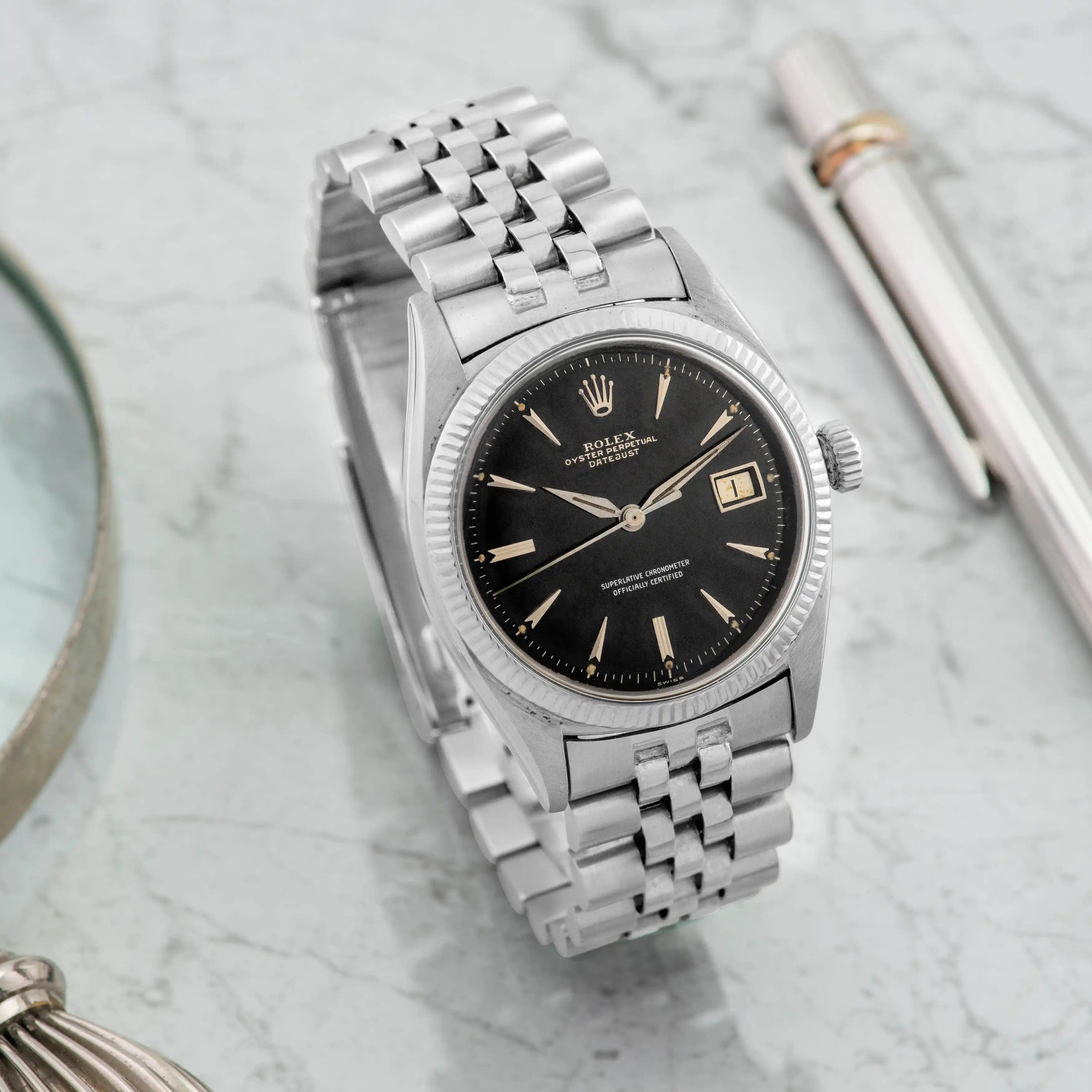 1957 Rolex Datejust White Gold Gilt Dial Rare Big Logo Jubilee Bracelet Ref. 6605