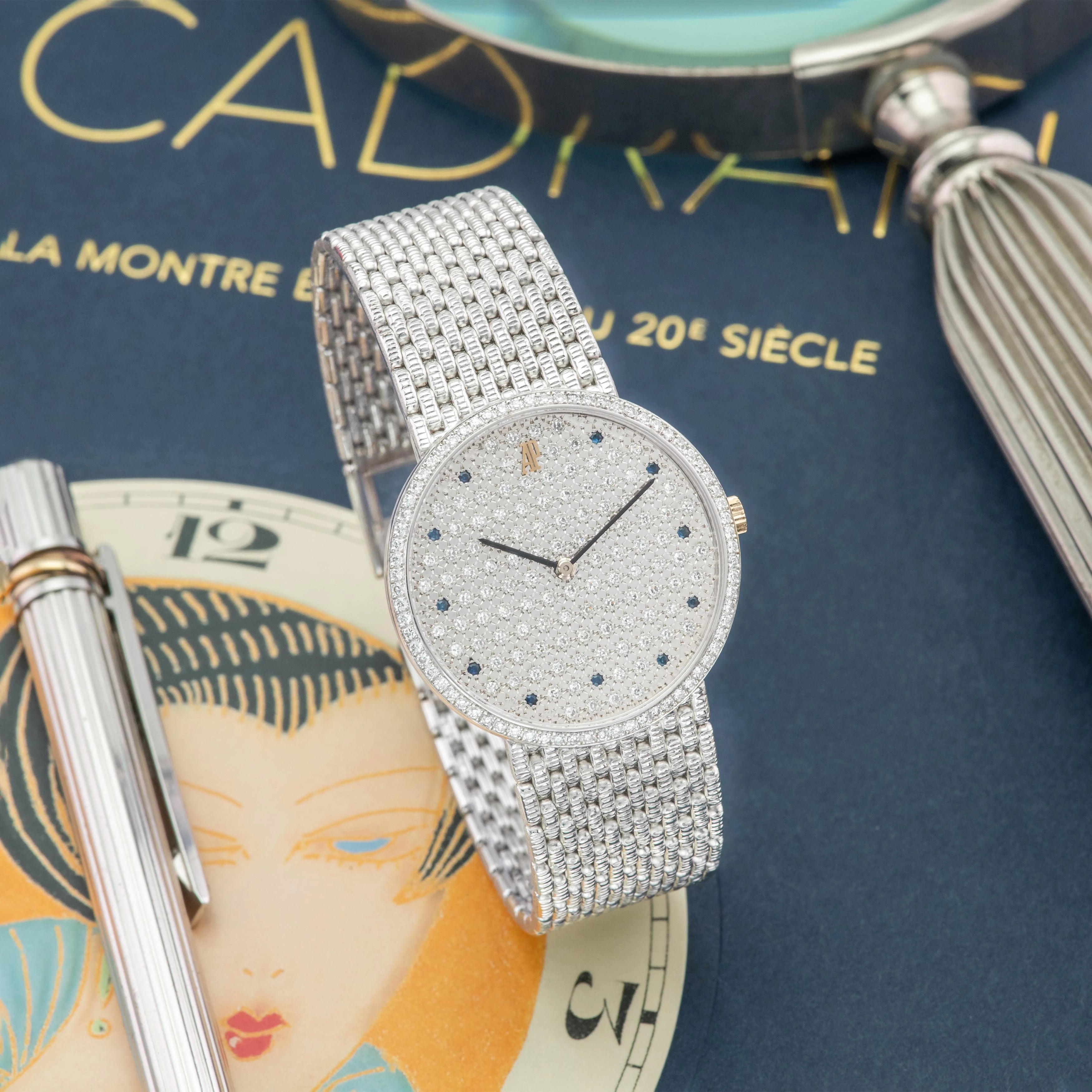 1970's Audemars Piguet Classic White Gold Factory Pavee & Sapphire Ref. 14549BC