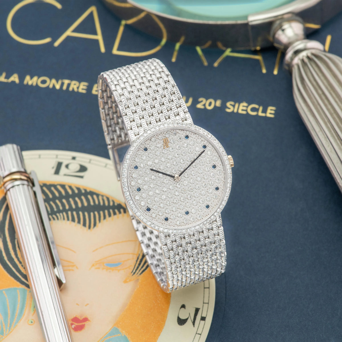 1970's Audemars Piguet Classic White Gold Factory Pavee & Sapphire Ref. 14549BC
