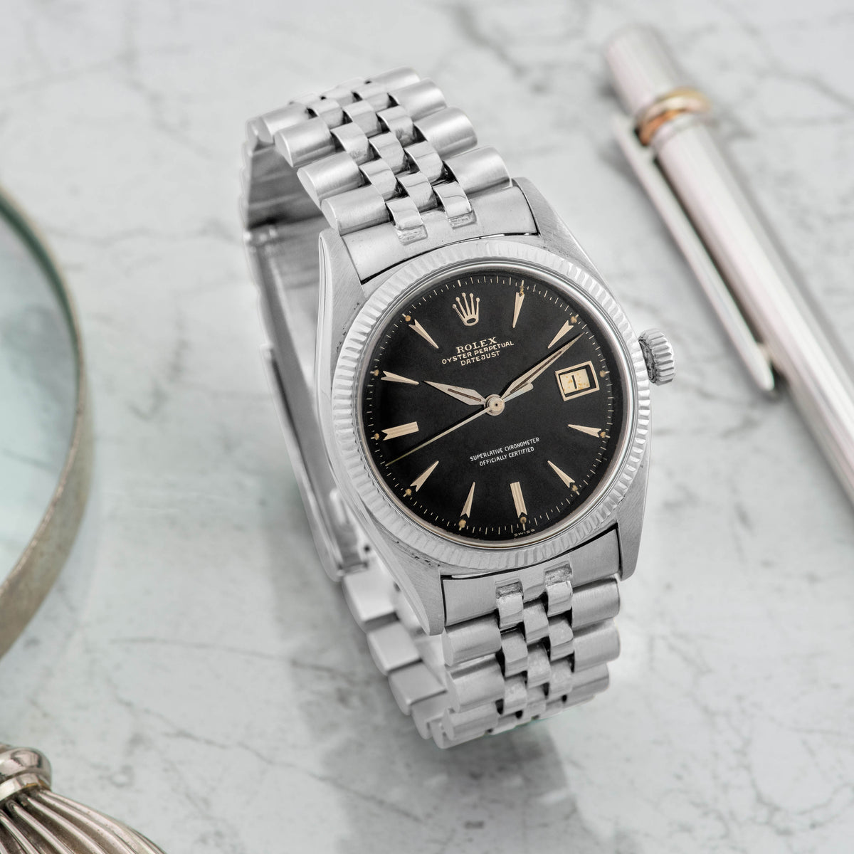 1957 Rolex Datejust White Gold Gilt Dial Rare Big Logo Jubilee Bracelet Ref. 6605