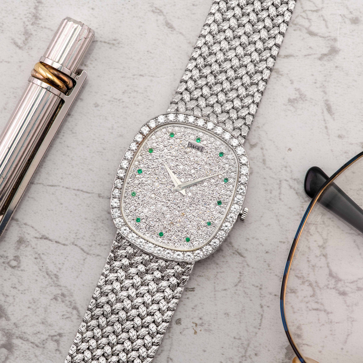 1991 Piaget Ellipse 18K White Gold Emeralds Pavee Dial Ref. 94431 D2