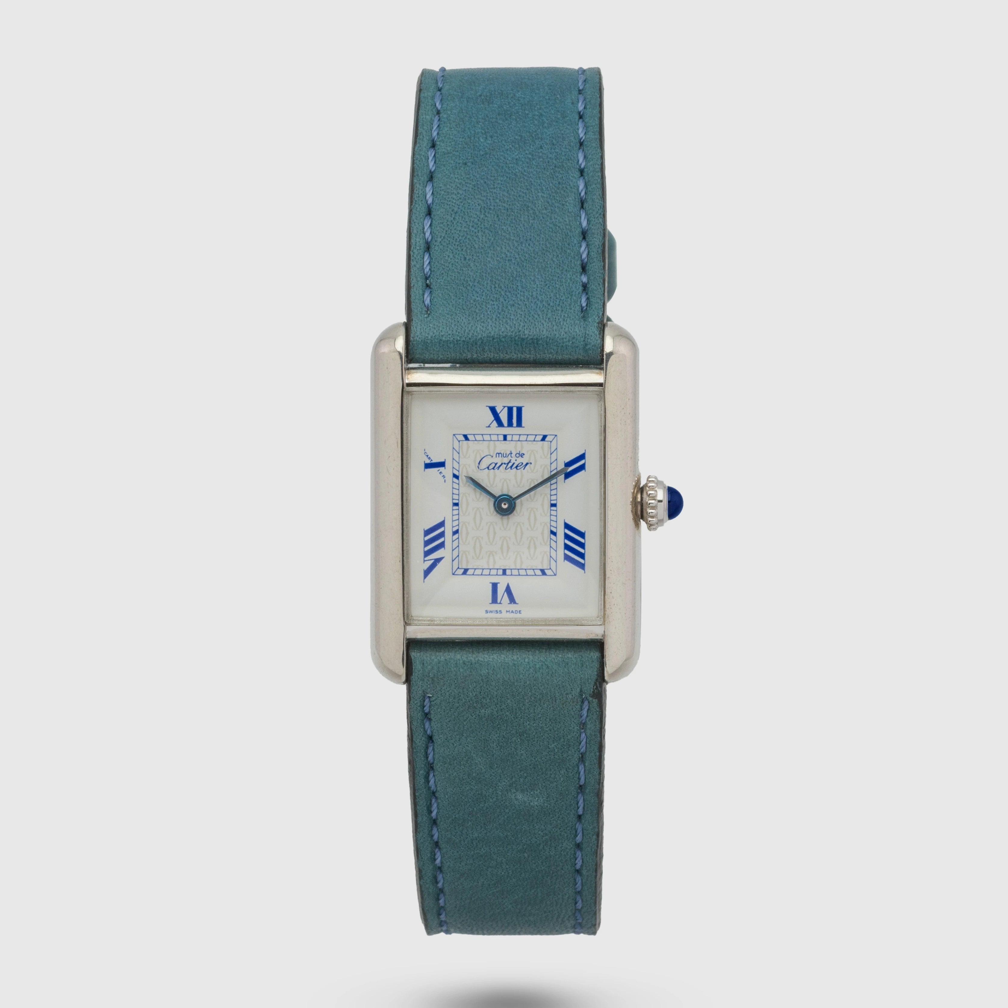 1980's Cartier Tank Blue White Roman Dial Ref. 2416