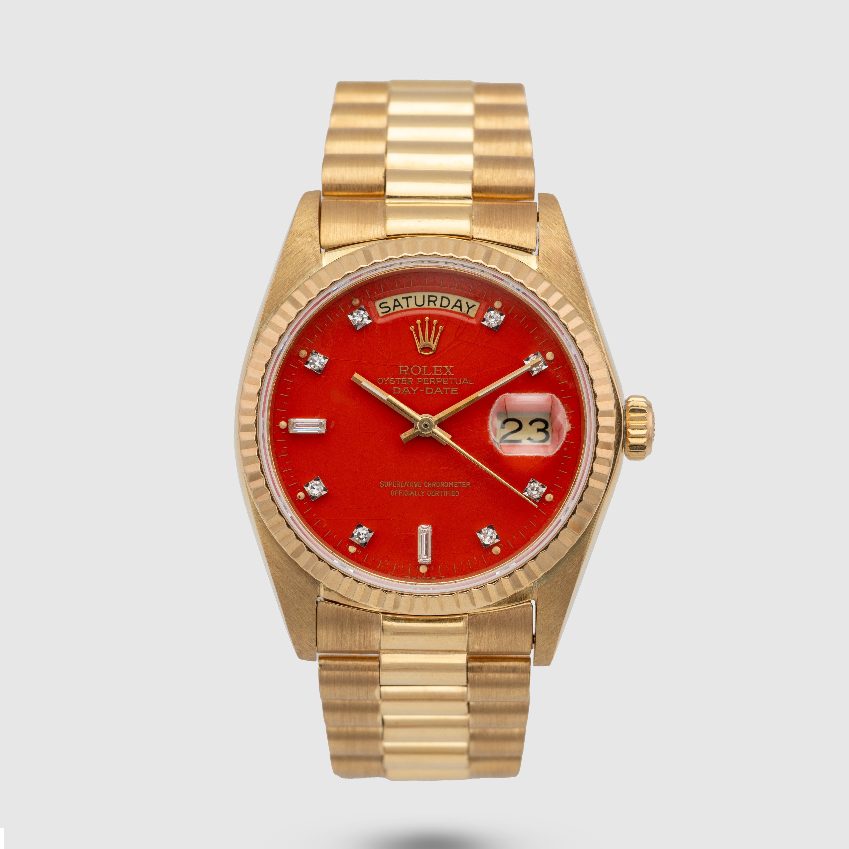 1987 Rolex Day Date Red Stella Diamond Dial Ref. 18038 (with Papers)