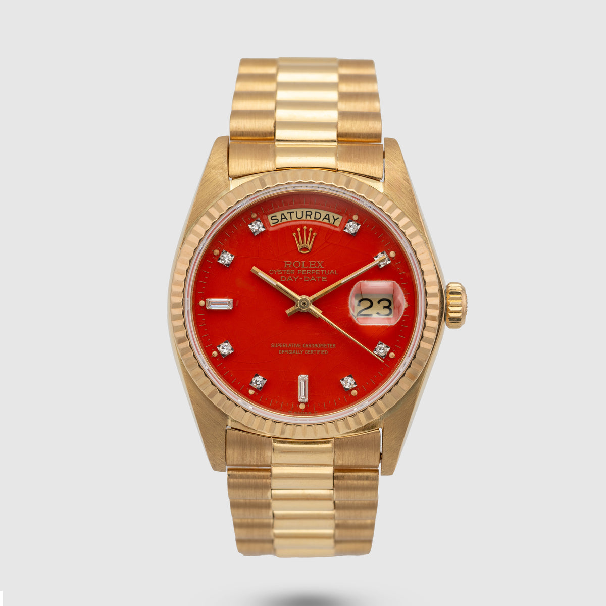 1987 Rolex Day Date Red Stella Diamond Dial Ref. 18038 (with Papers)