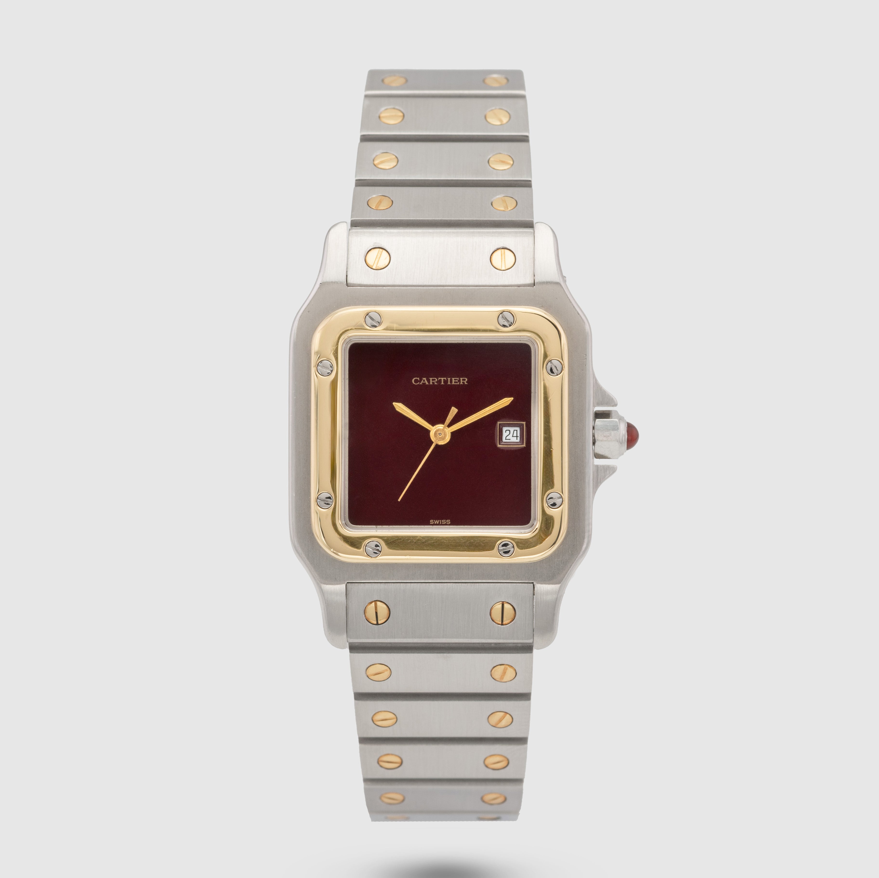 1980's Cartier Santos Carree Burgundy Dial St/G Ref. 2961 (Box)