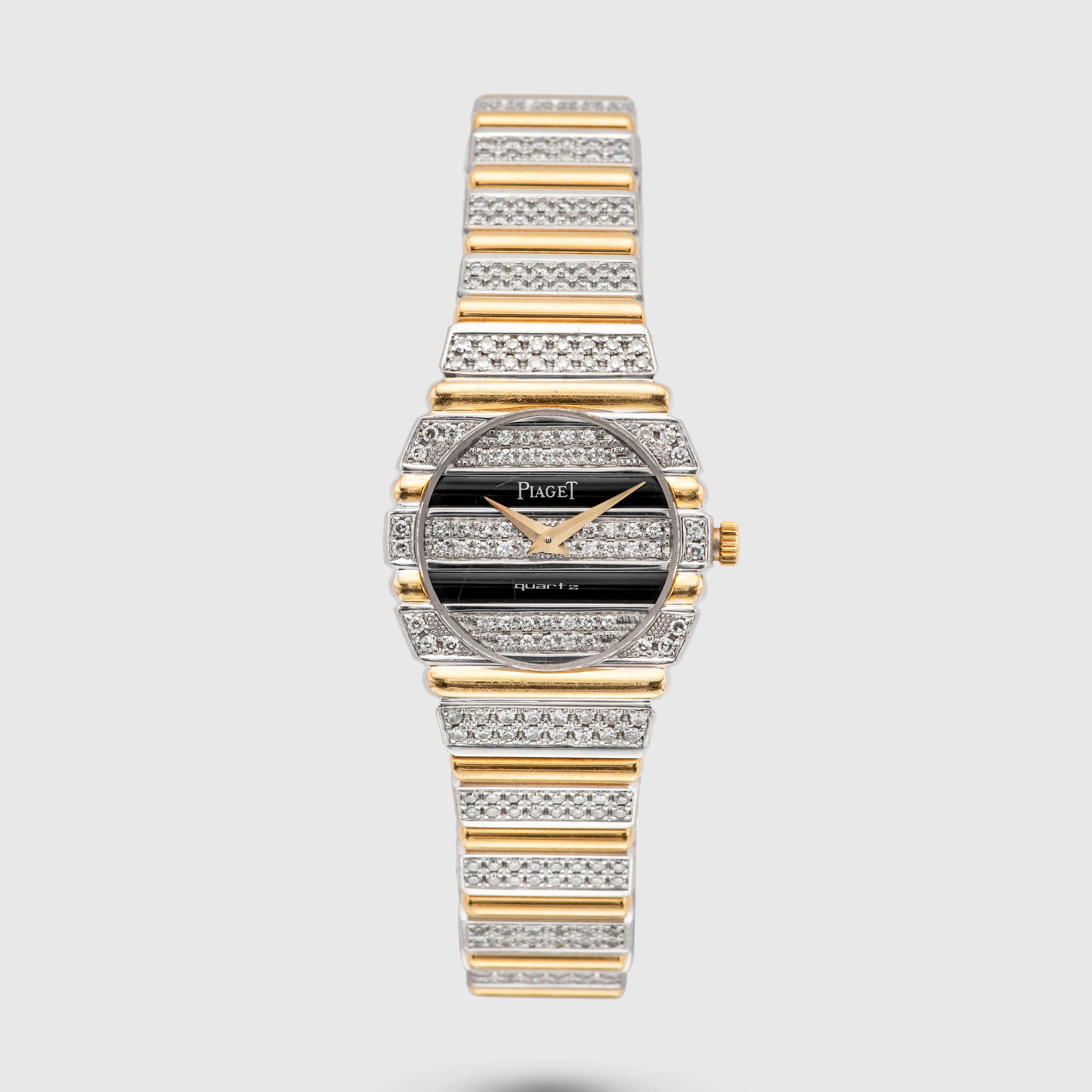 1980's Piaget Polo Lady Onyx & Diamonds Gadroon Ref. 861 C725