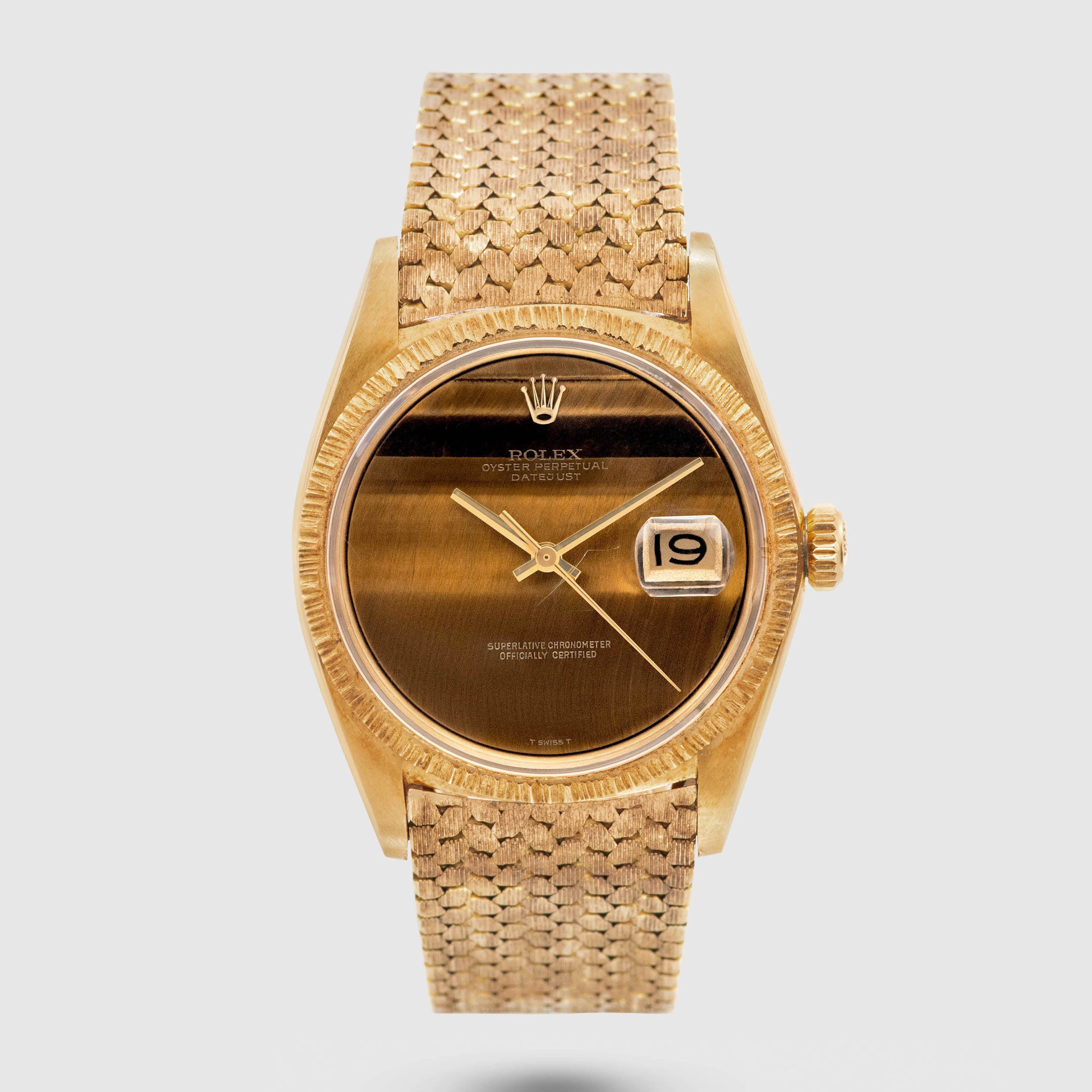 1972 Rolex Datejust 18K Yellow Gold Tiger Eye Dial Bark Finish with Special Bracelet Ref. 1607