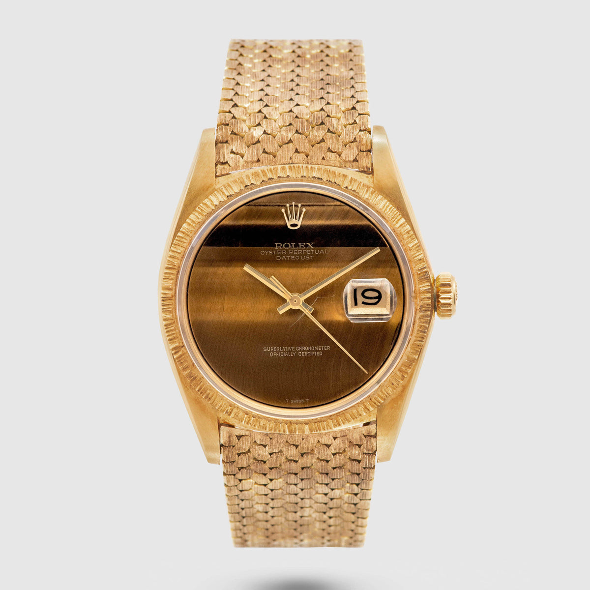 1972 Rolex Datejust 18K Yellow Gold Tiger Eye Dial Bark Finish with Special Bracelet Ref. 1607