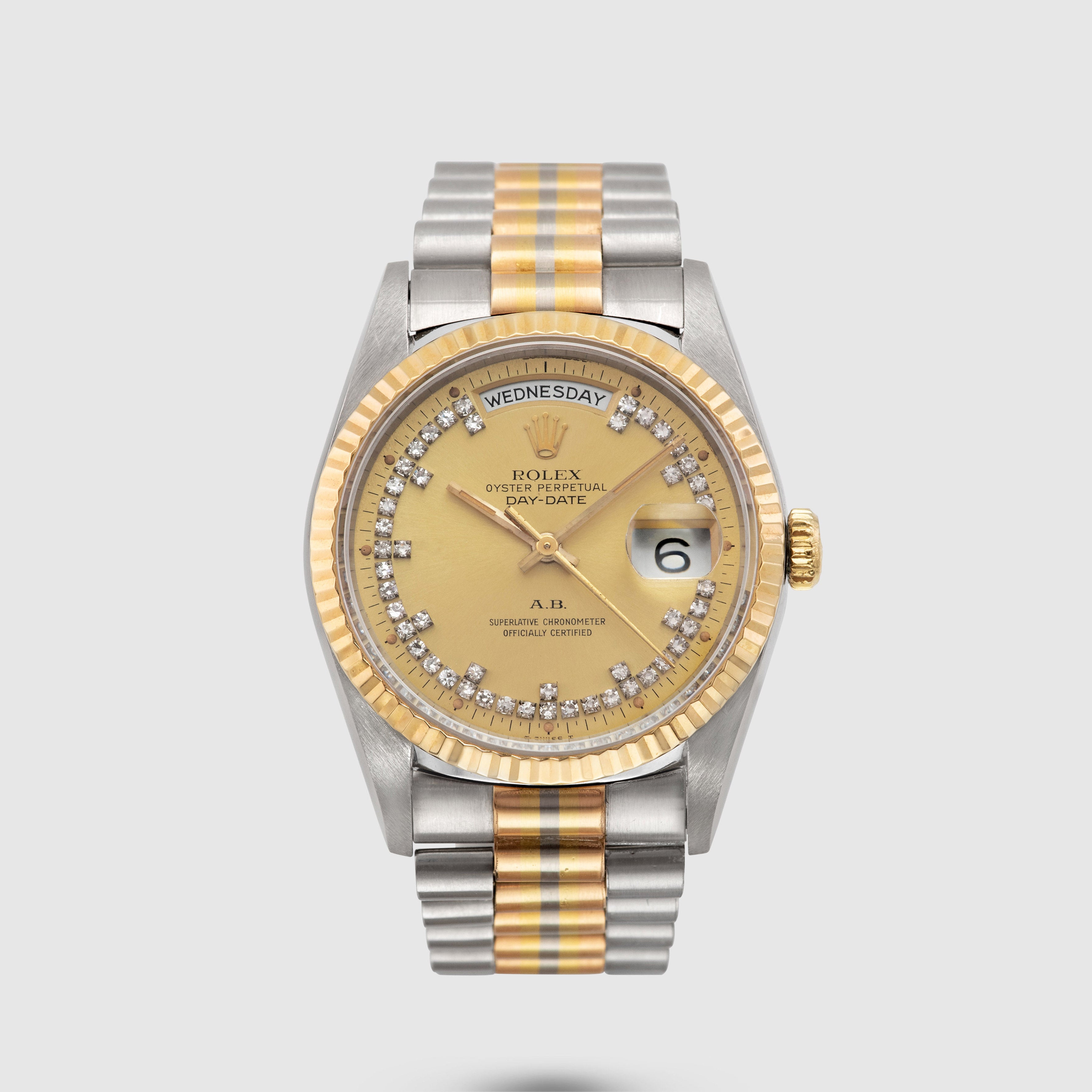 1990 Rolex Day Date Tridor Diamond String Dial 'AB' Ref. 18239B (with Warranty Certificate)