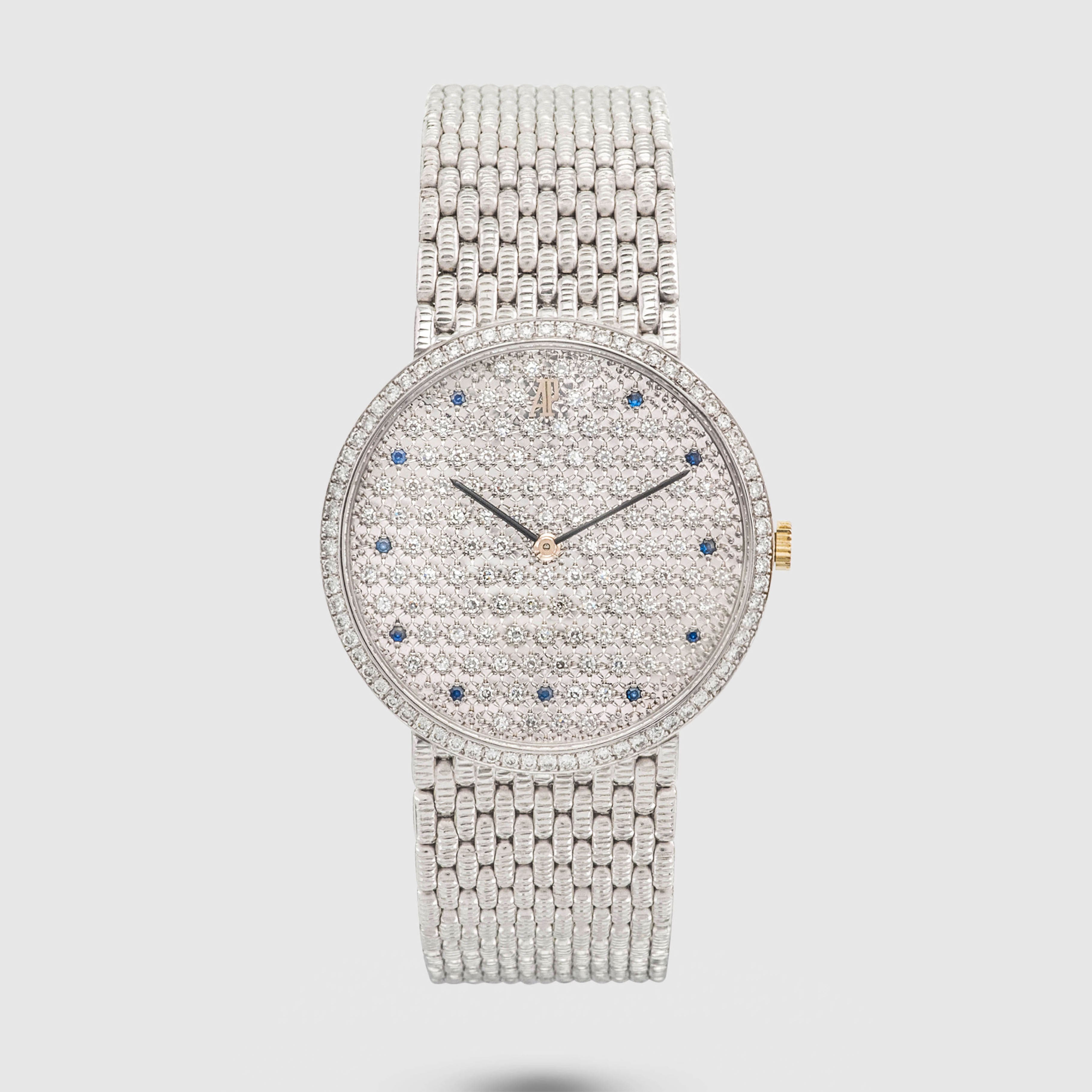 1970's Audemars Piguet Classic White Gold Factory Pavee & Sapphire Ref. 14549BC