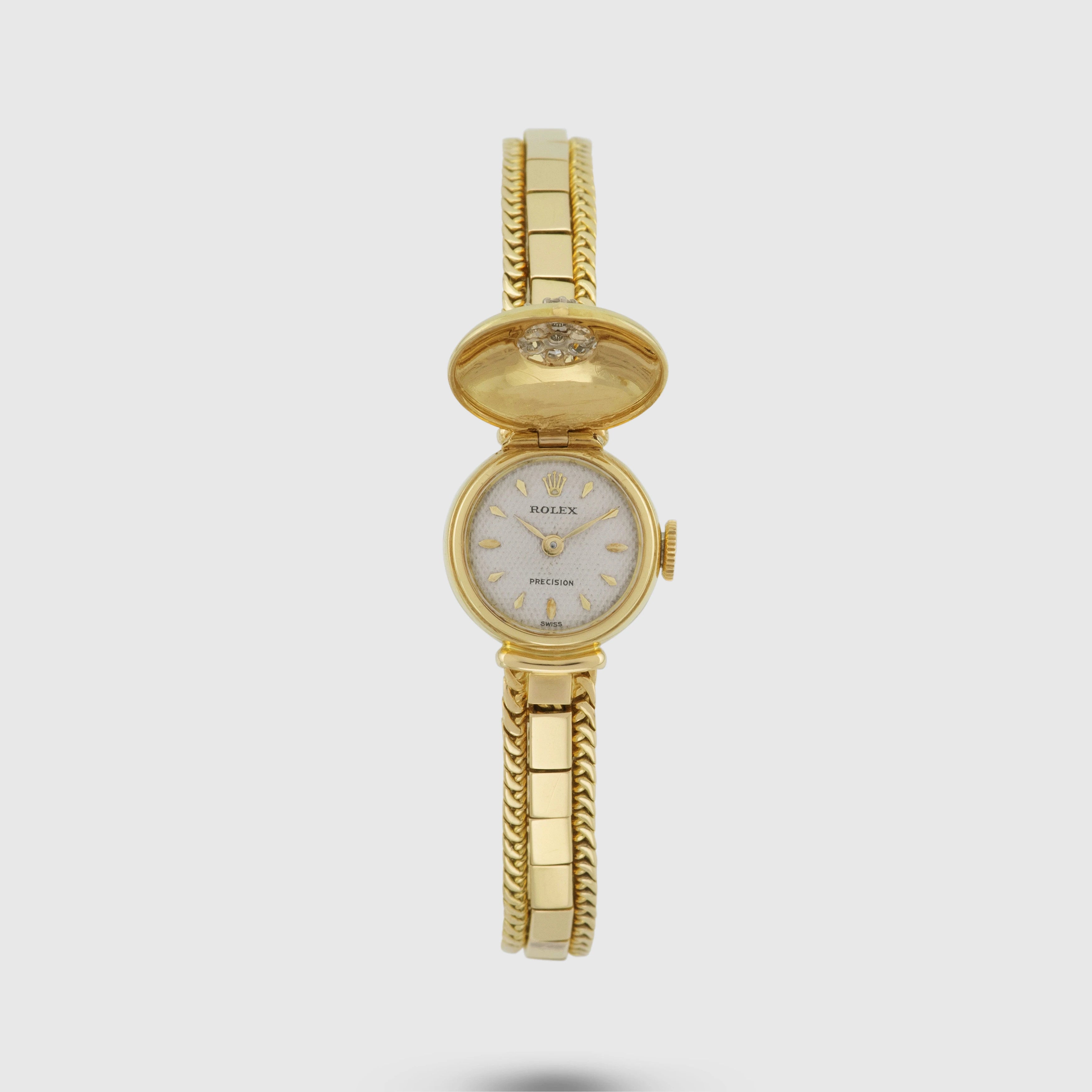 1950's Rolex Precision Ladies Clamshell Yellow Gold with Diamonds