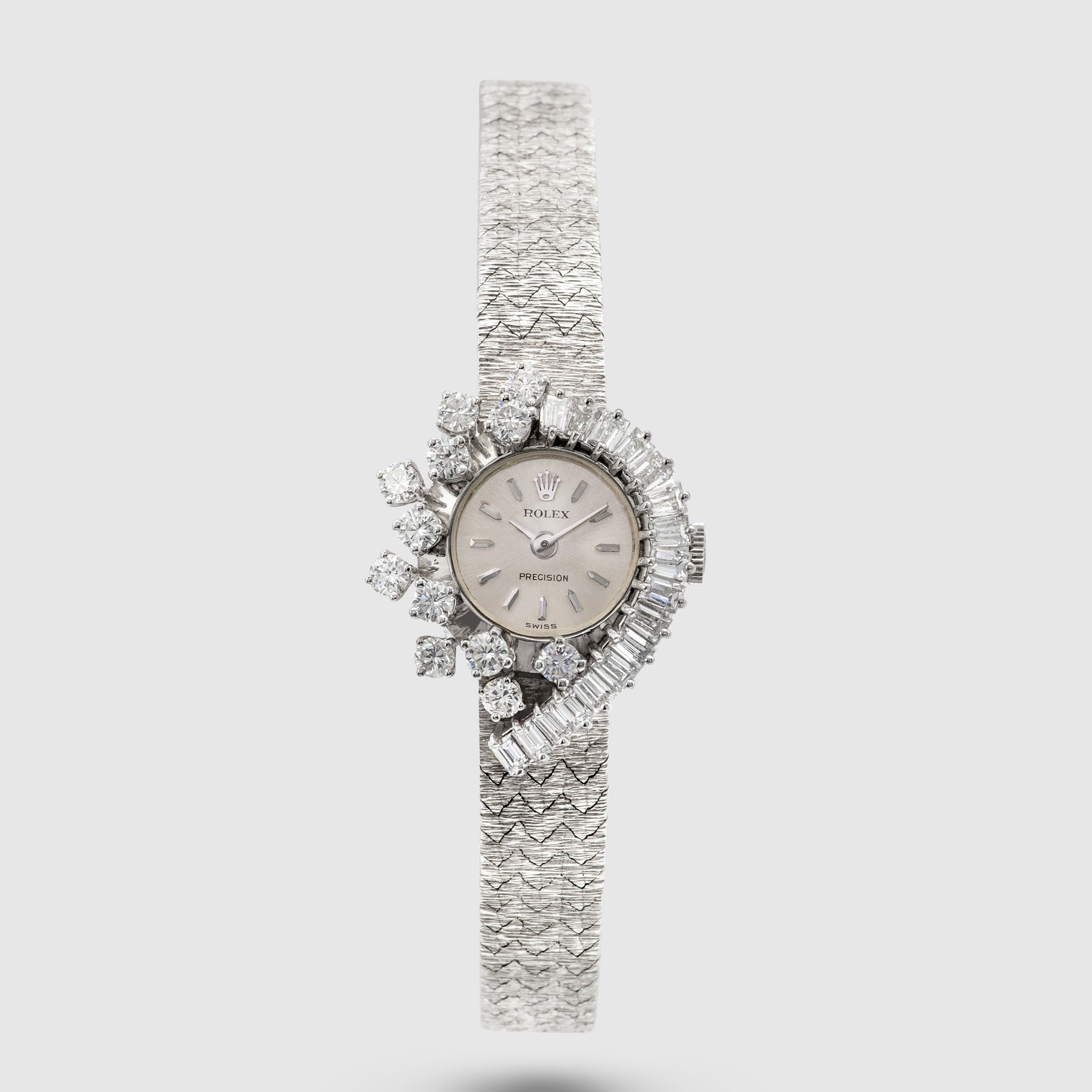 1960's Rolex Precision 18K White Gold Silver Dial Diamonds & Baguettes