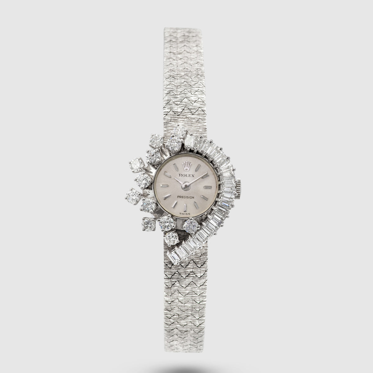 1960's Rolex Precision 18K White Gold Silver Dial Diamonds & Baguettes