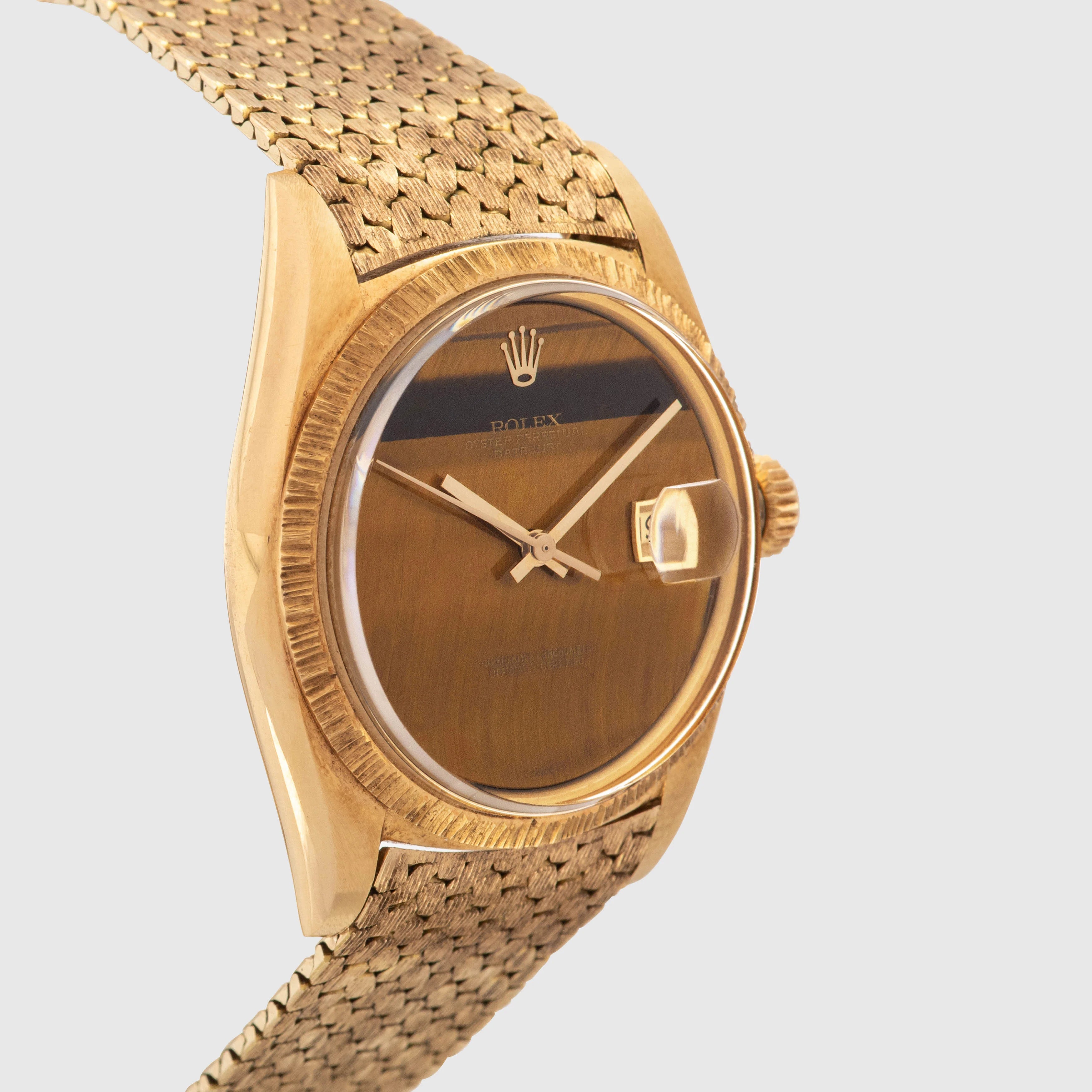 1972 Rolex Datejust 18K Yellow Gold Tiger Eye Dial Bark Finish with Special Bracelet Ref. 1607