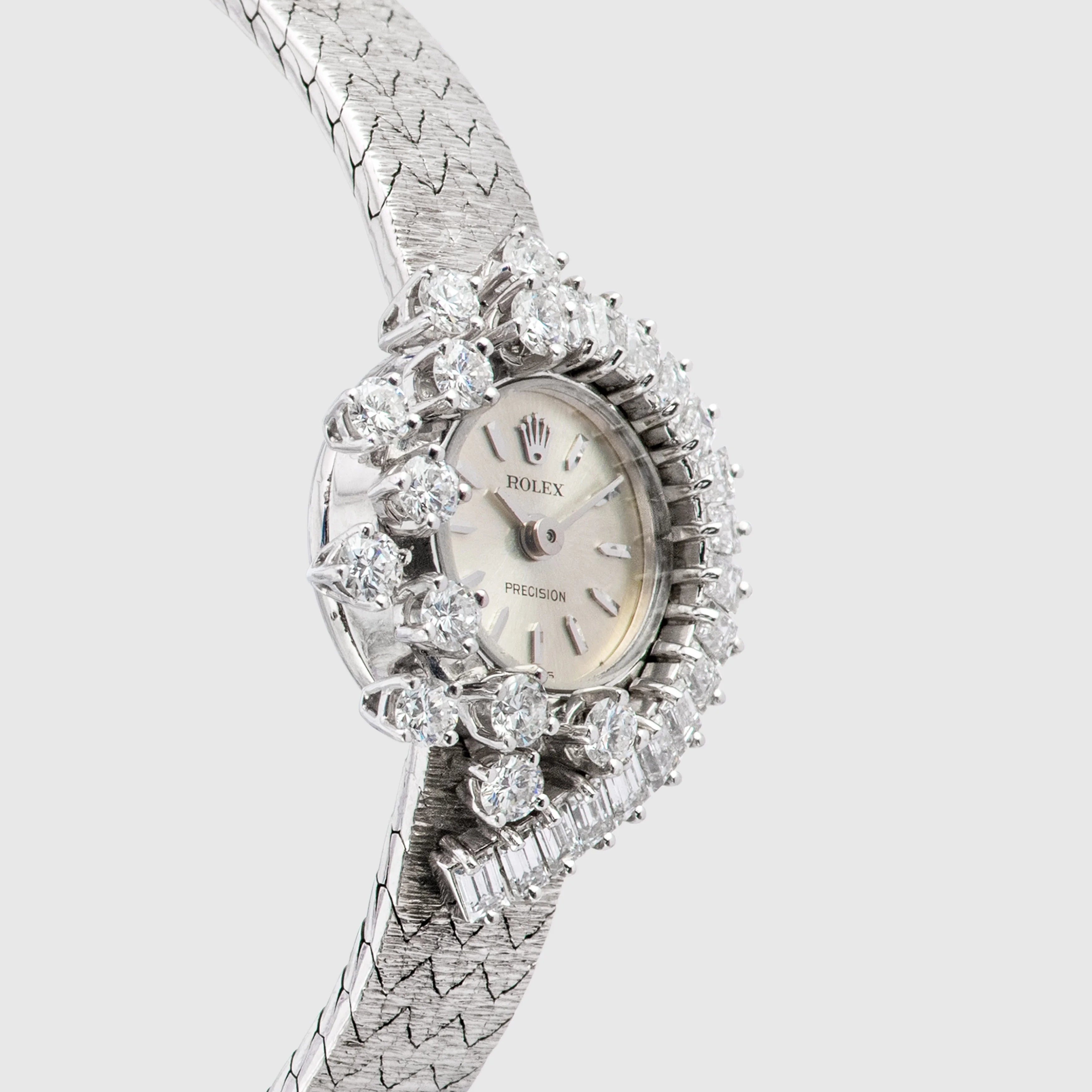 1960's Rolex Precision 18K White Gold Silver Dial Diamonds & Baguettes