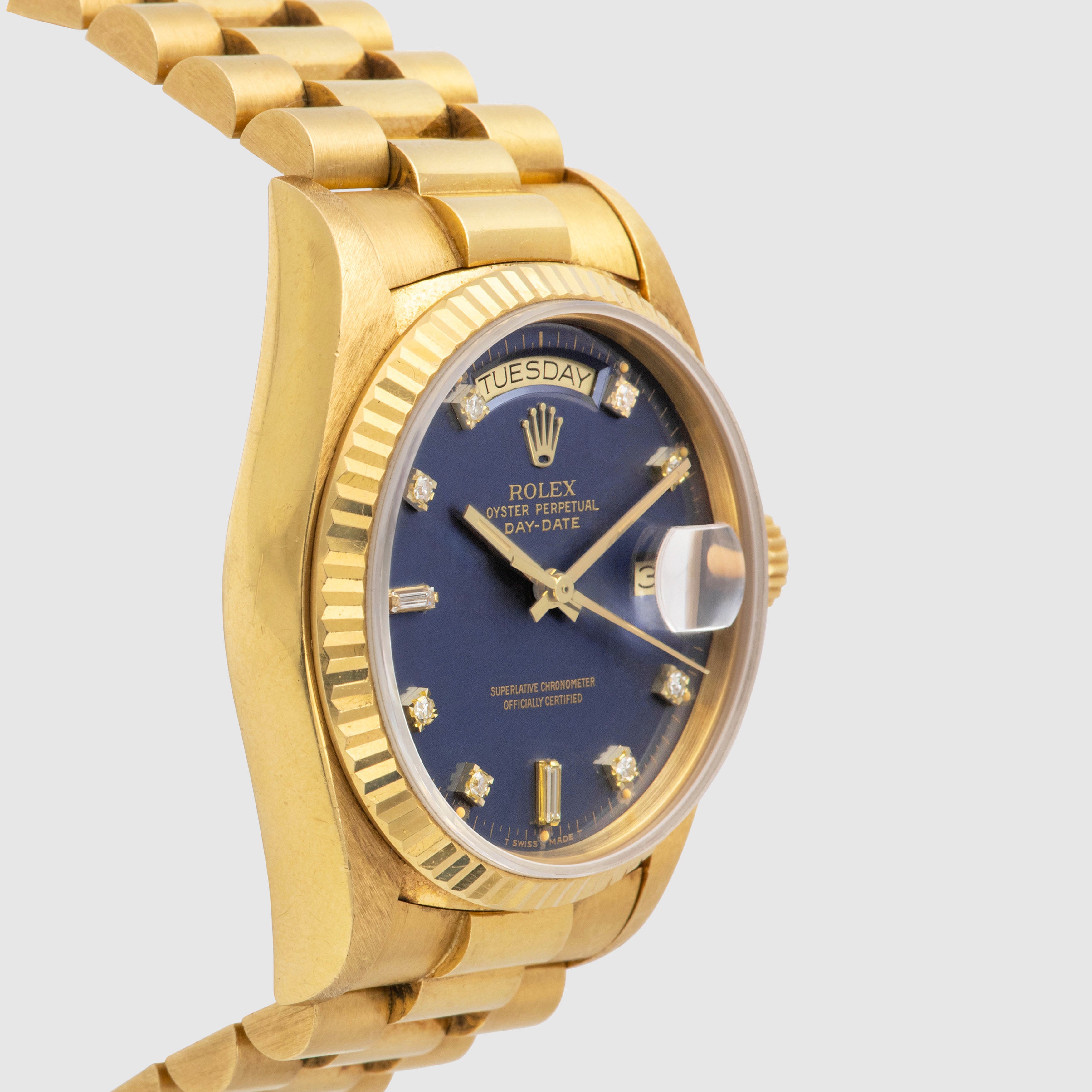 1987 Rolex Day Date Matte Blue Diamond Dial Unpolished Ref. 18038