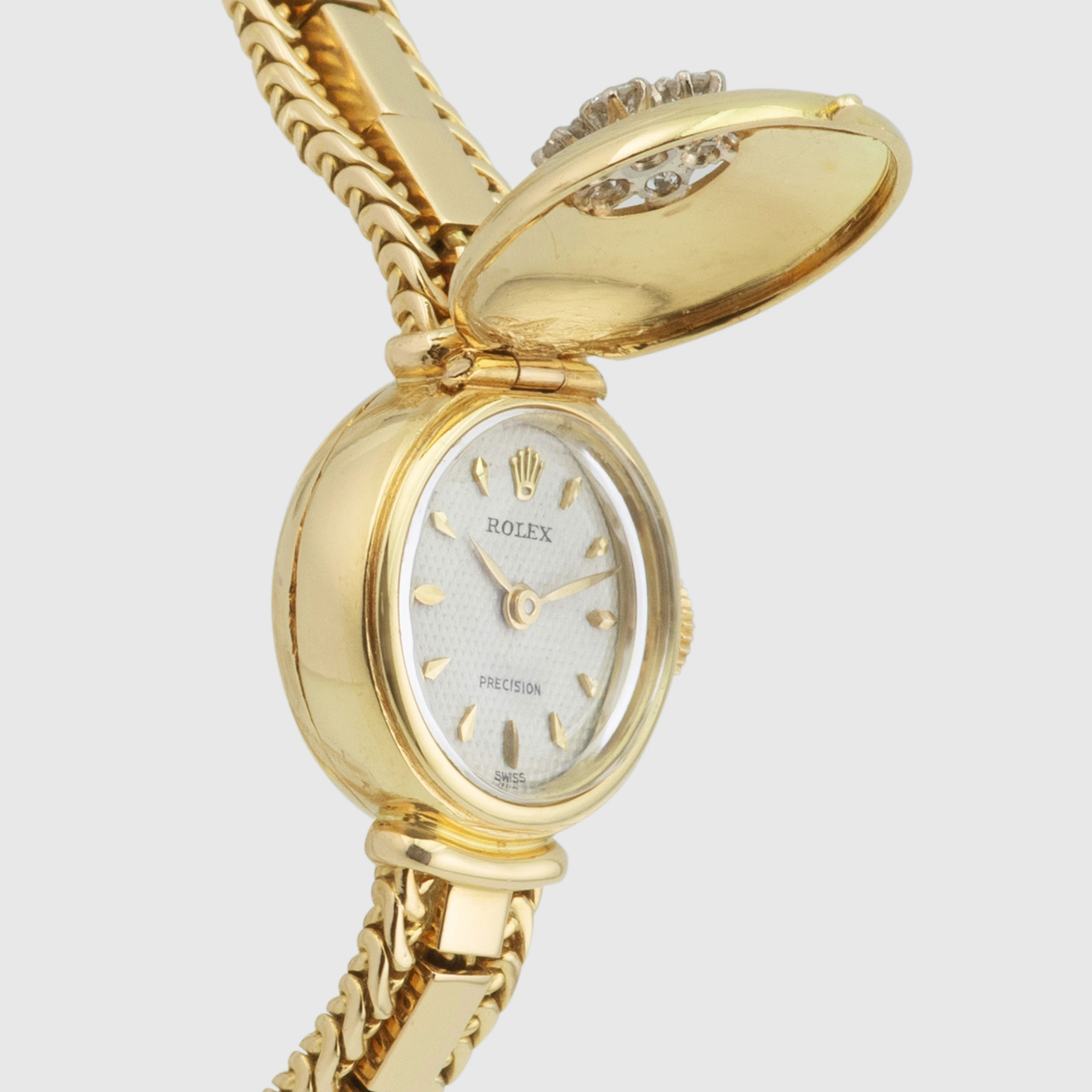 1950's Rolex Precision Ladies Clamshell Yellow Gold with Diamonds
