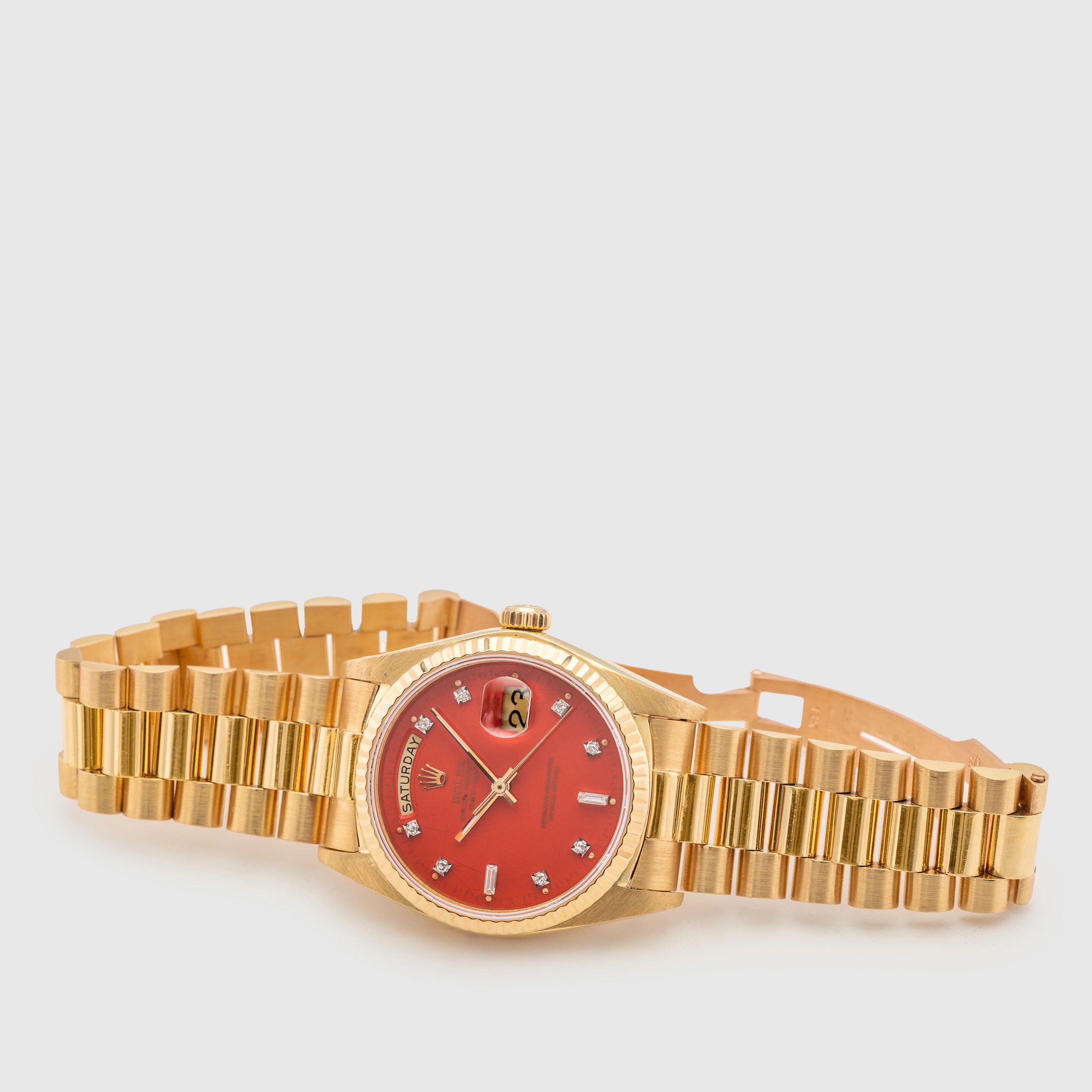 1987 Rolex Day Date Red Stella Diamond Dial Ref. 18038 (with Papers)
