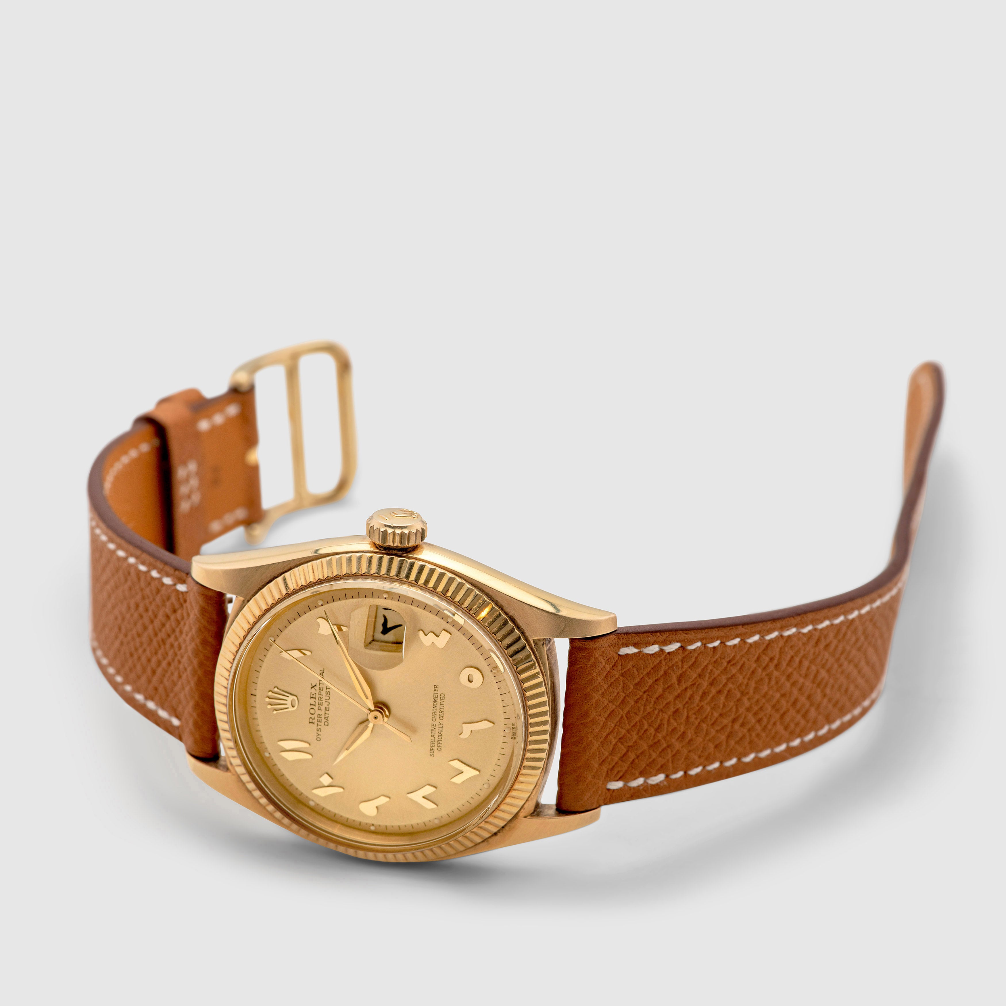 1960 Rolex Datejust 18k Yellow Gold Arabic Hindi Numerals Champagne Dial Ref. 1601