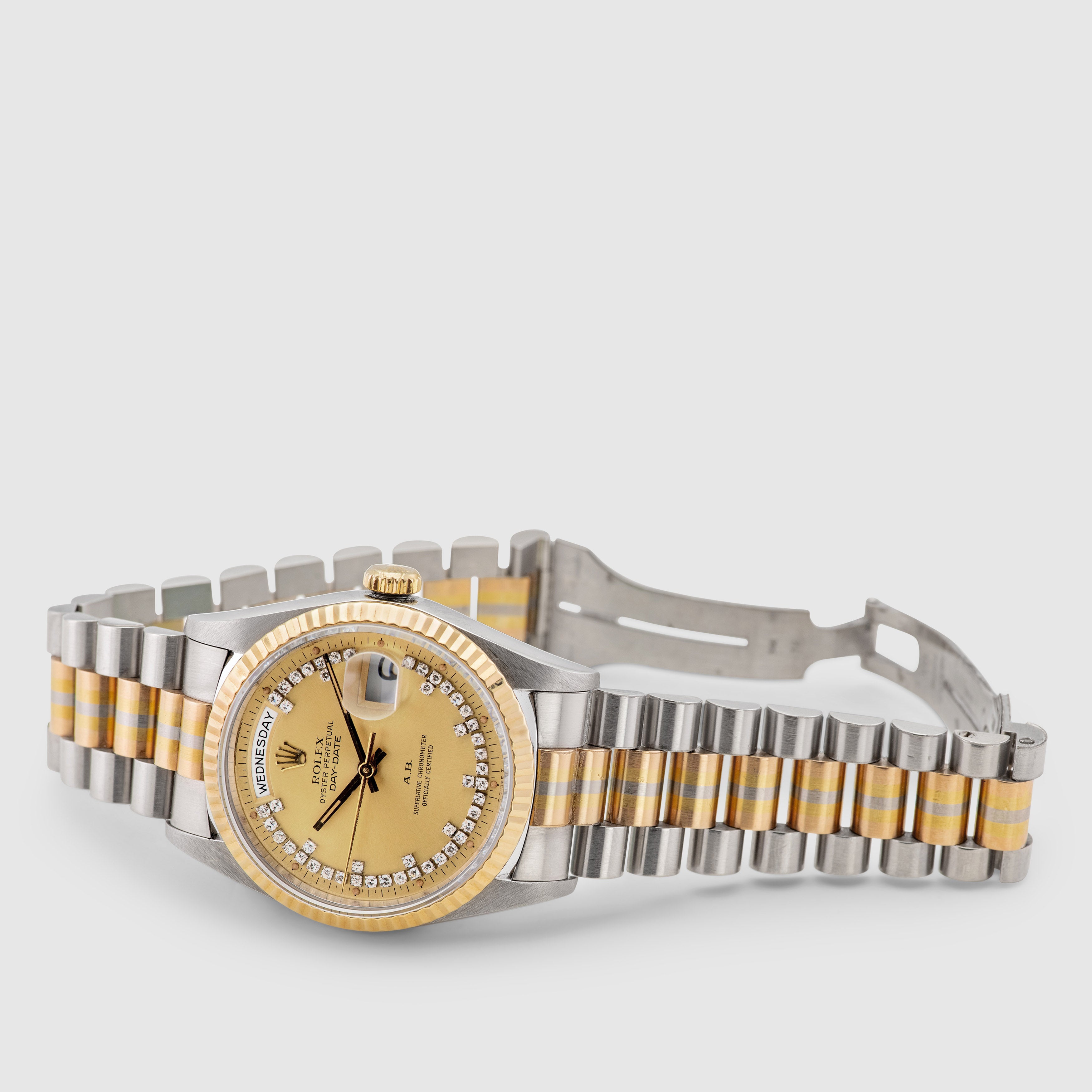 1990 Rolex Day Date Tridor Diamond String Dial 'AB' Ref. 18239B (with Warranty Certificate)
