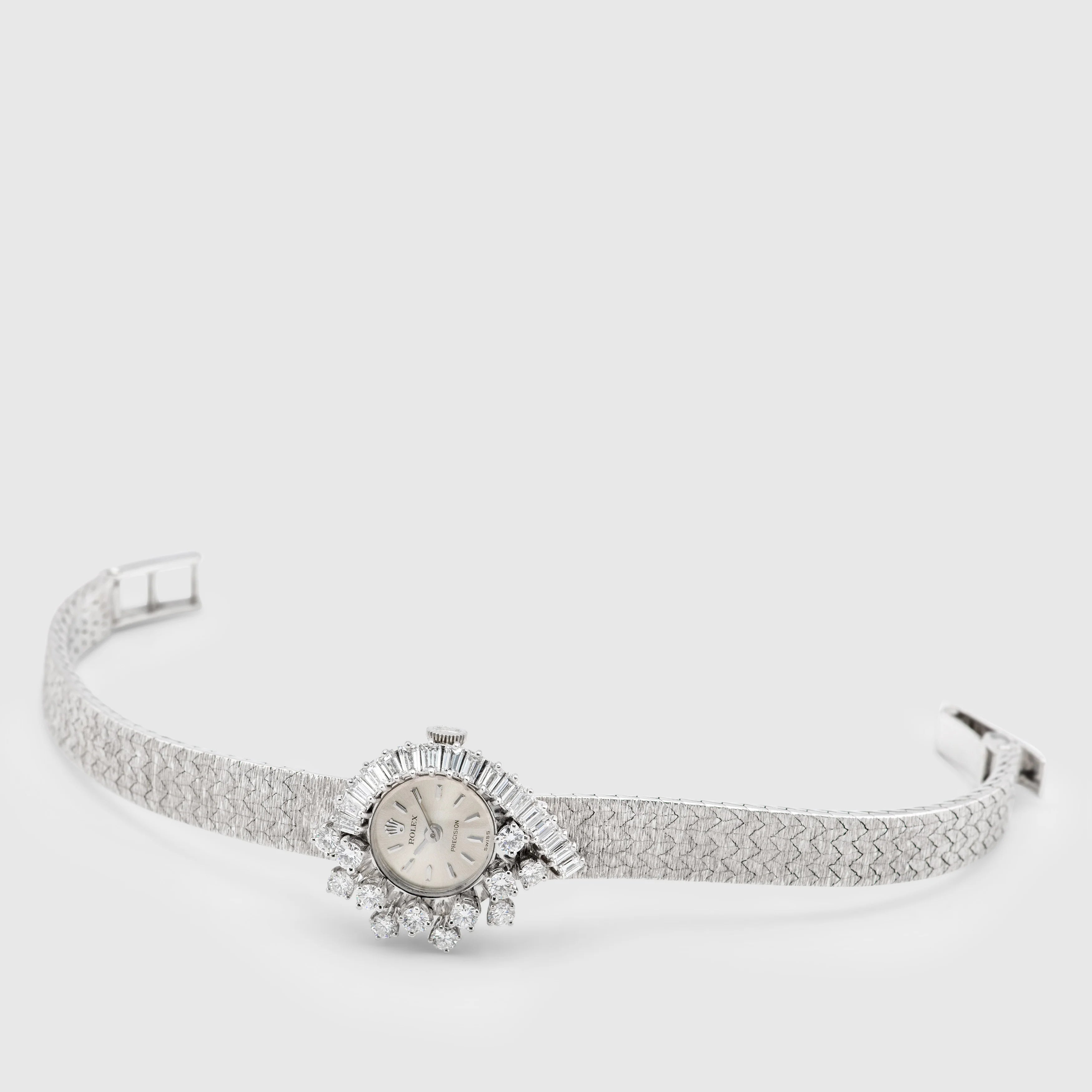 1960's Rolex Precision 18K White Gold Silver Dial Diamonds & Baguettes